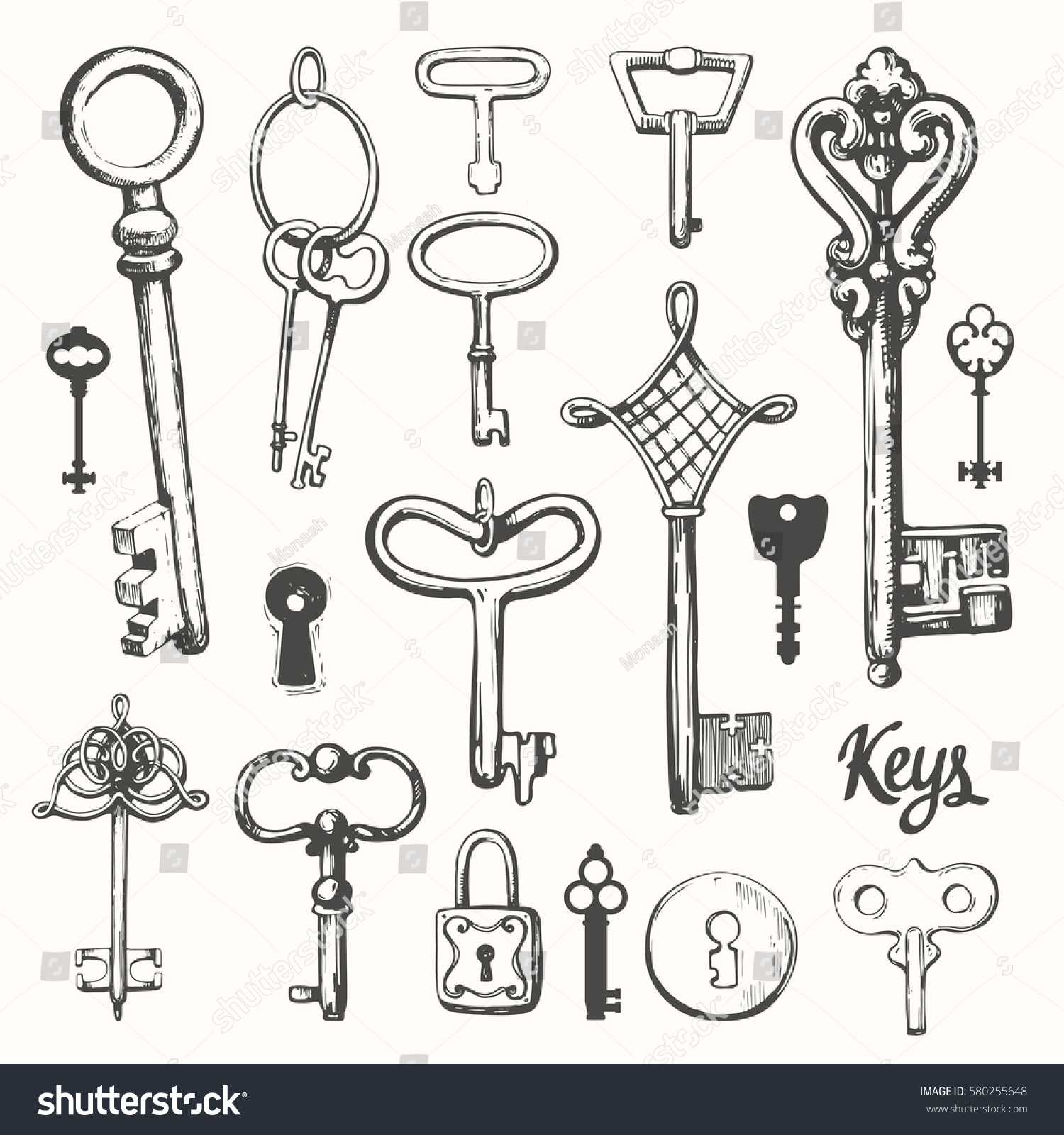 Vector Set Handdrawn Antique Keys Illustration Stock Vector (Royalty ...