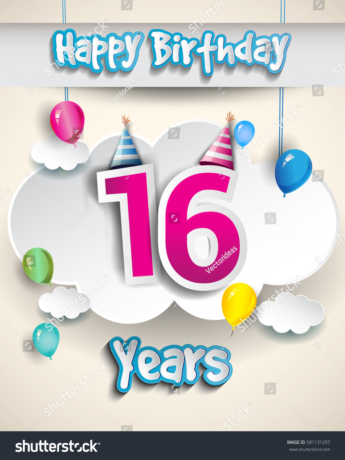 16th Birthday Celebration Design Clouds Balloons Stock Vector (Royalty ...