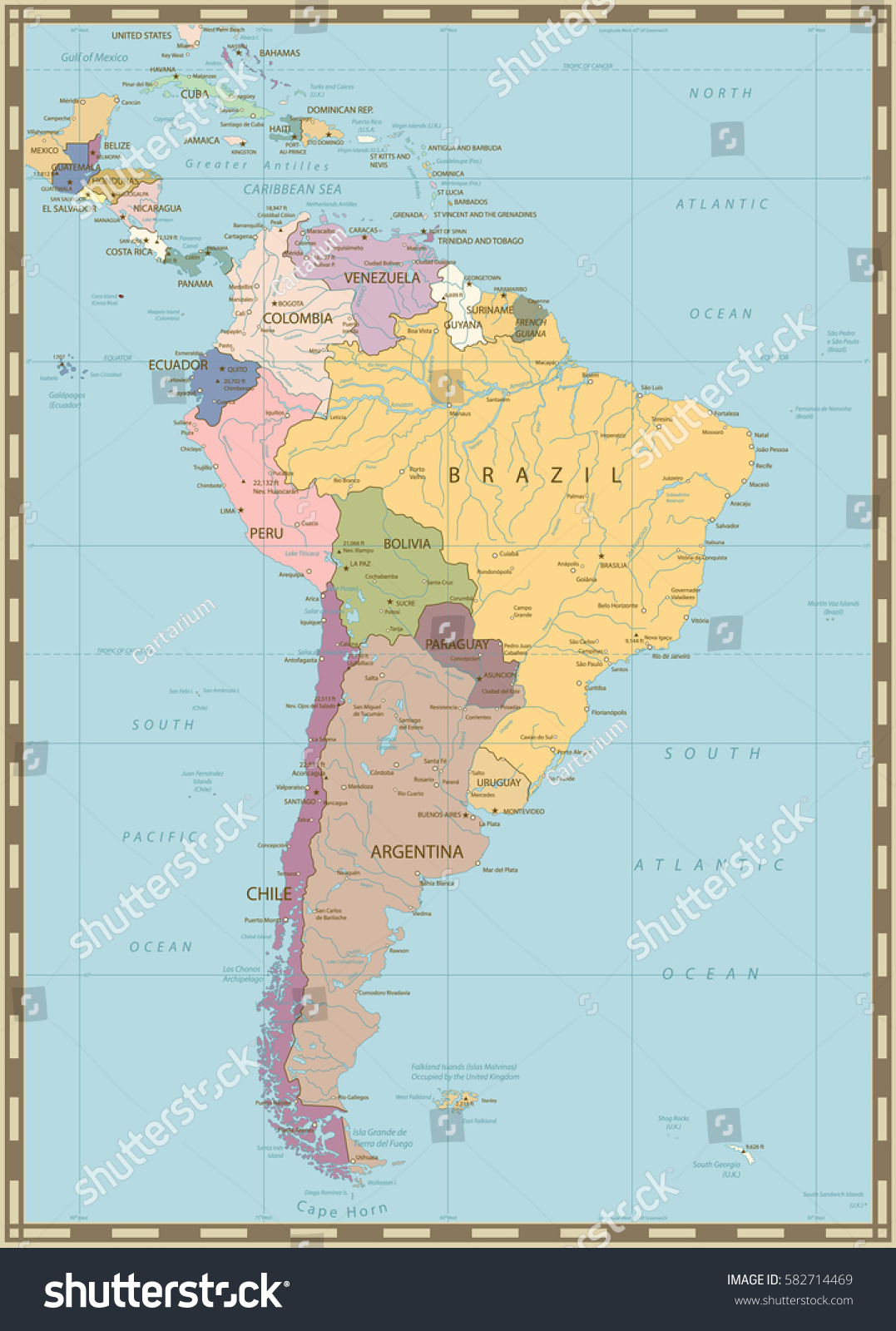 South America Political Map Lakes Rivers Stock Vector (Royalty Free ...