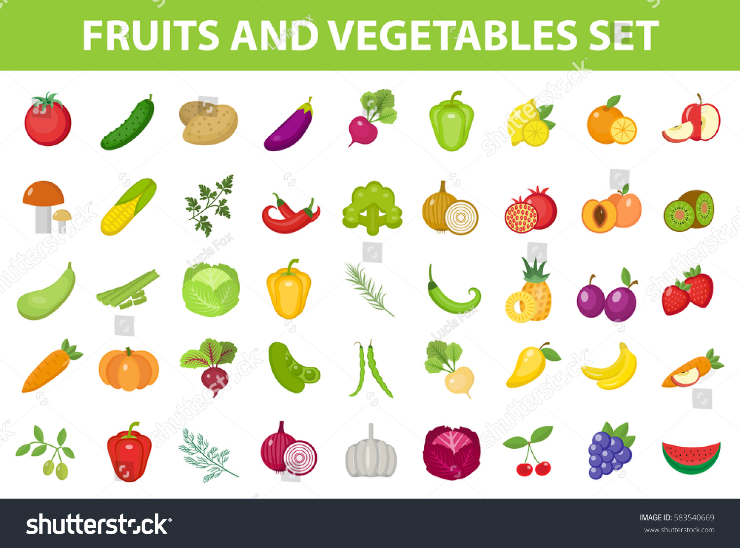 Fresh Fruit Vegetable Icon Set Flat Stock Vector (Royalty Free ...