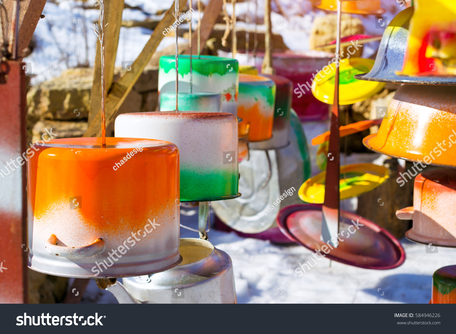 10 194 Instrument Homemade Images Stock Photos Vectors Shutterstock   Stock Photo Homemade Musical Instruments From Metal Basins And Pans Handmade Unique Colorized Kitchenware 584946226 