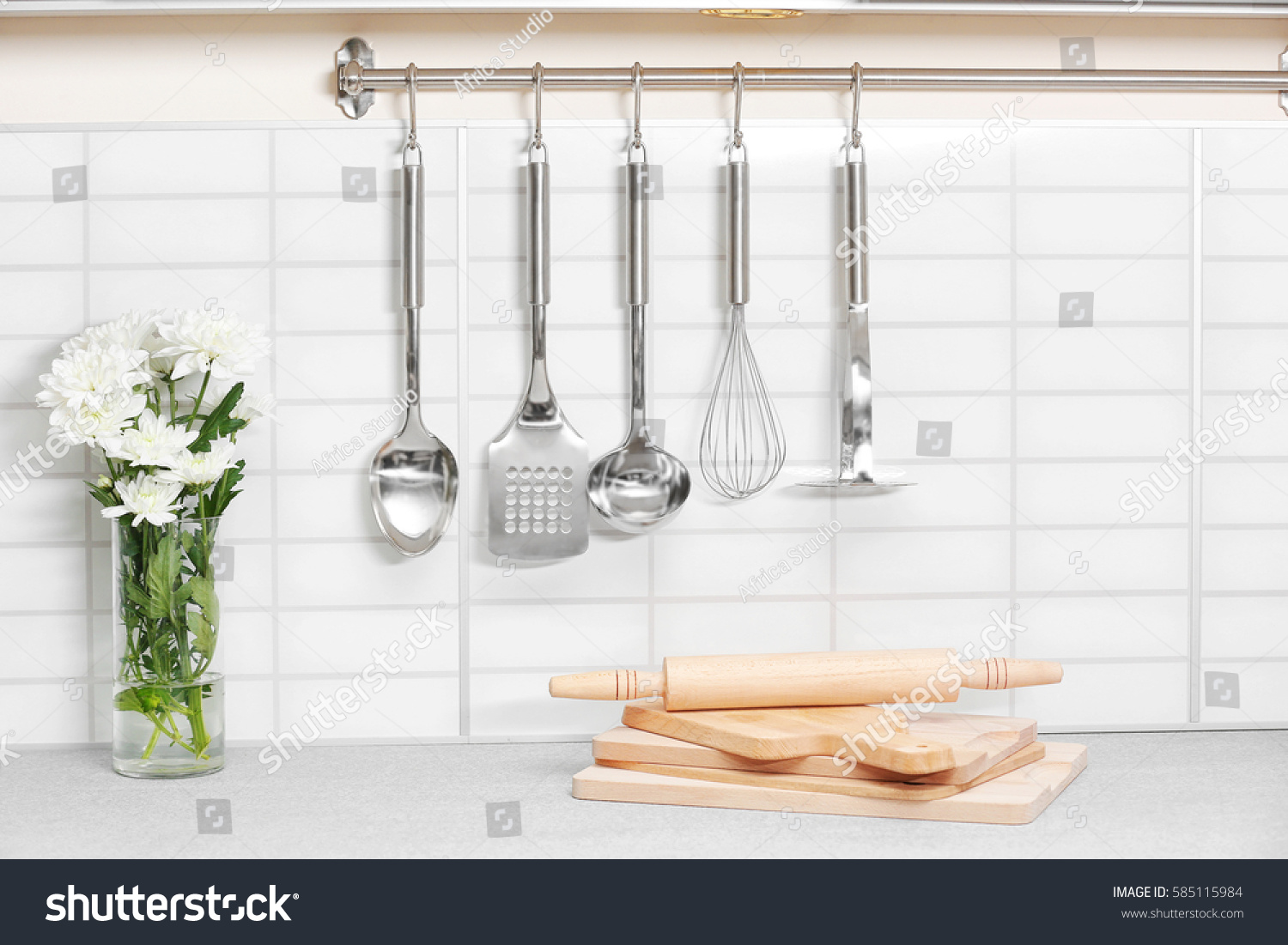 Set Metal Kitchen Utensils Hanging On Stock Photo 585115984 Shutterstock   Stock Photo Set Of Metal Kitchen Utensils Hanging On Wall 585115984 