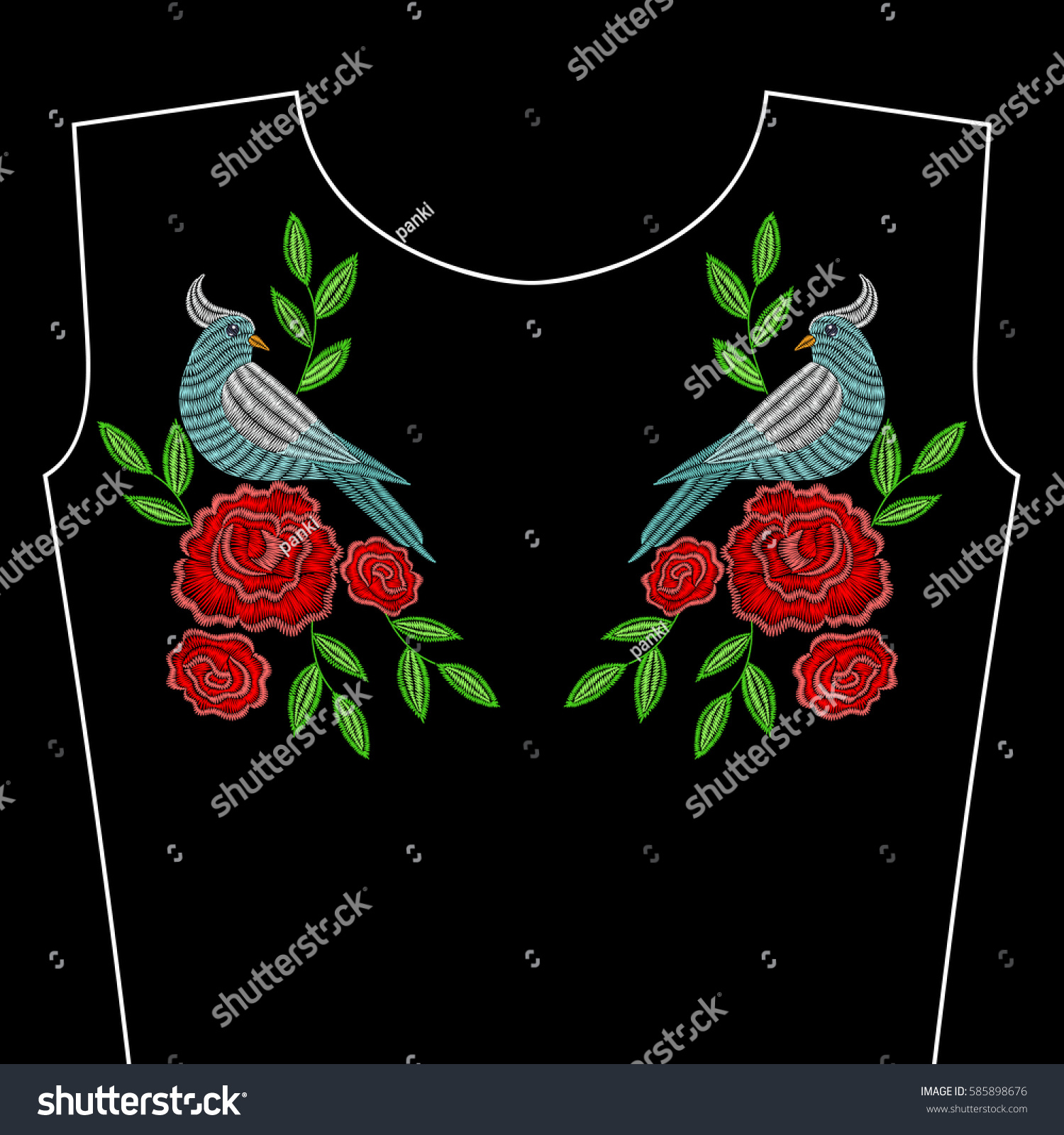 Embroidery Stitches Red Rose Flowers Bird Stock Vector (Royalty Free ...