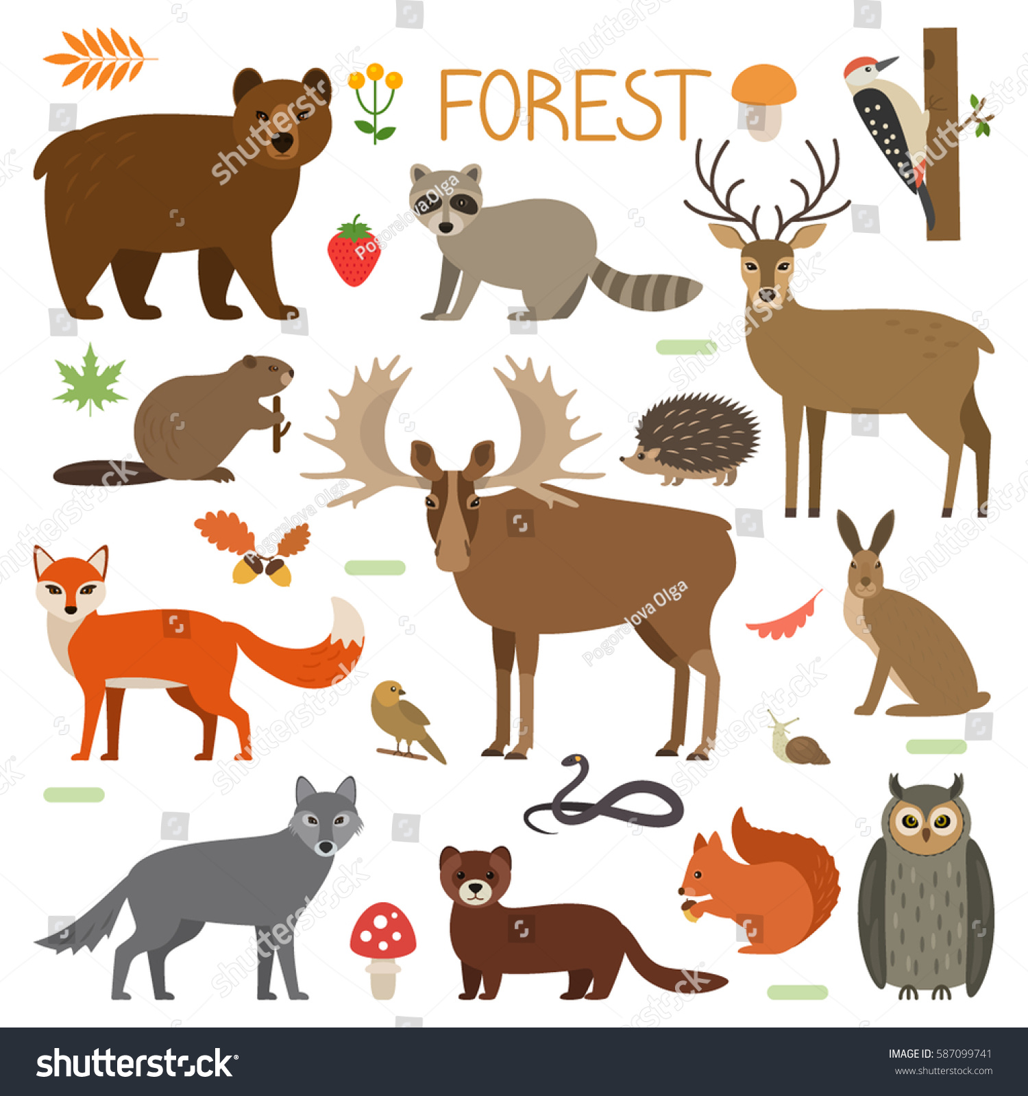 Set Forest Animals Birds Plants Cartoon Stock Vector (Royalty Free ...