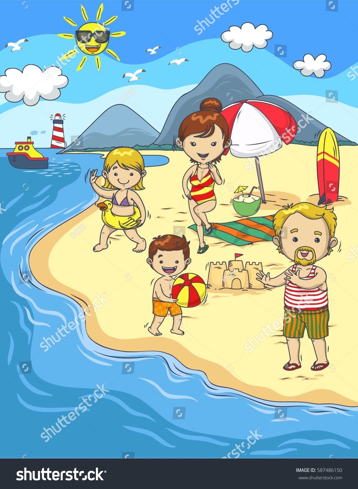 Happy Family Summer Holiday On Beach Stock Vector (Royalty Free ...