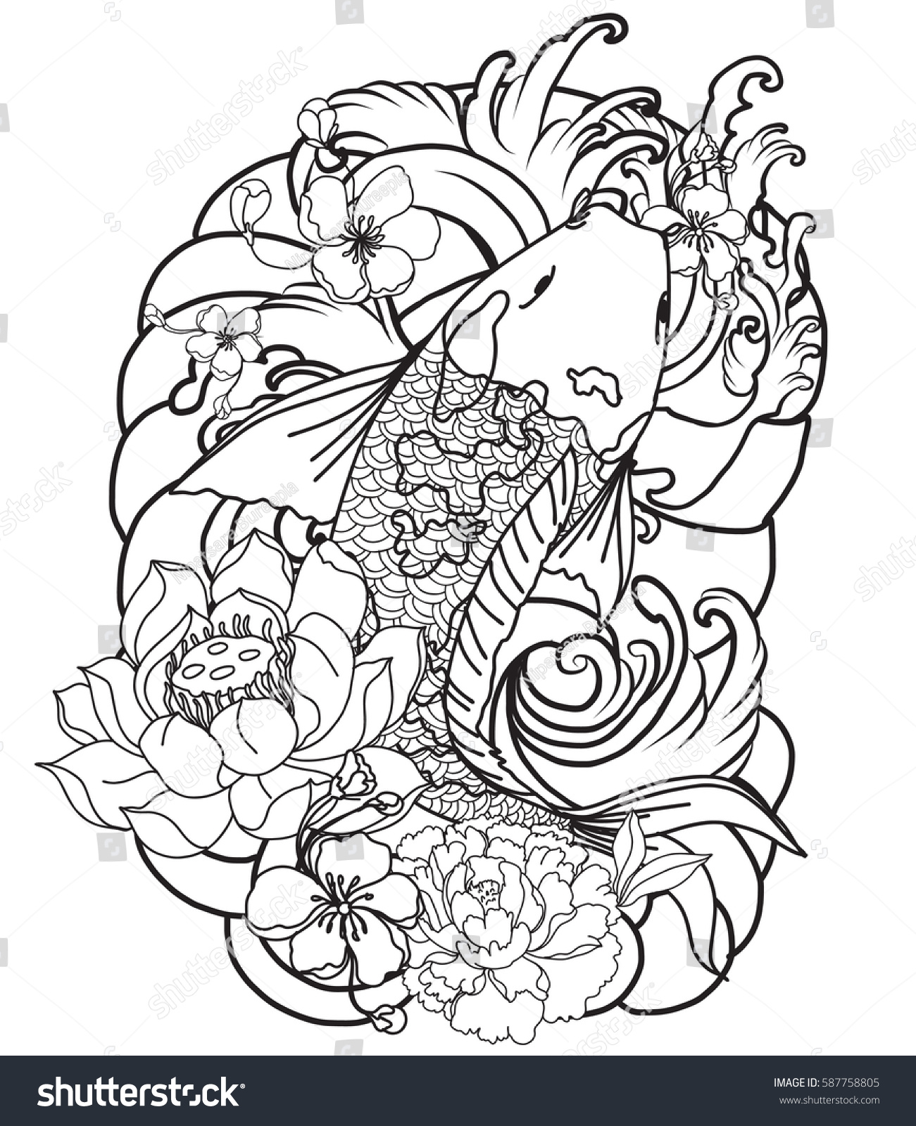 Hand Drawn Outline Koi Fish Tattoo Stock Vector (Royalty Free ...