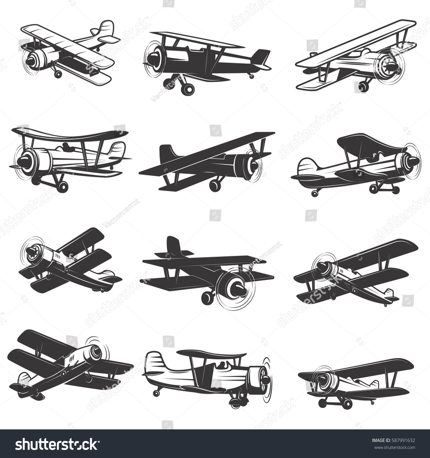 Set Vintage Airplanes Icons Aircraft Illustrations Stock Vector ...