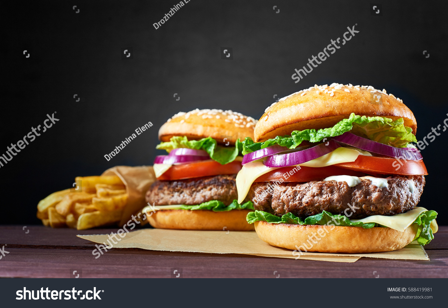 Two Craft Beef Burgers French Fries Stock Photo 588419981 | Shutterstock