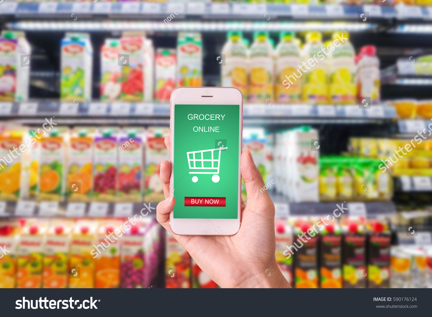 Woman Hand Holding Mobile Grocery Online Stock Photo 590176124 ...