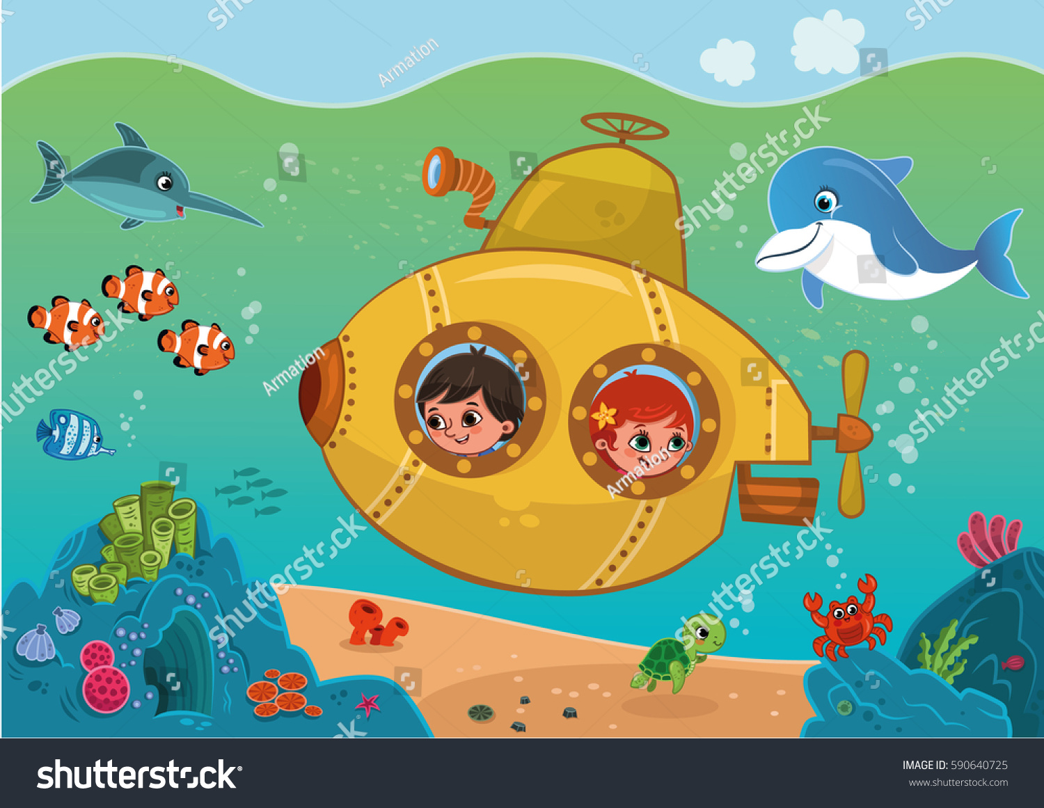 Cartoon Yellow Submarine Stock Vector (Royalty Free) 590640725 ...