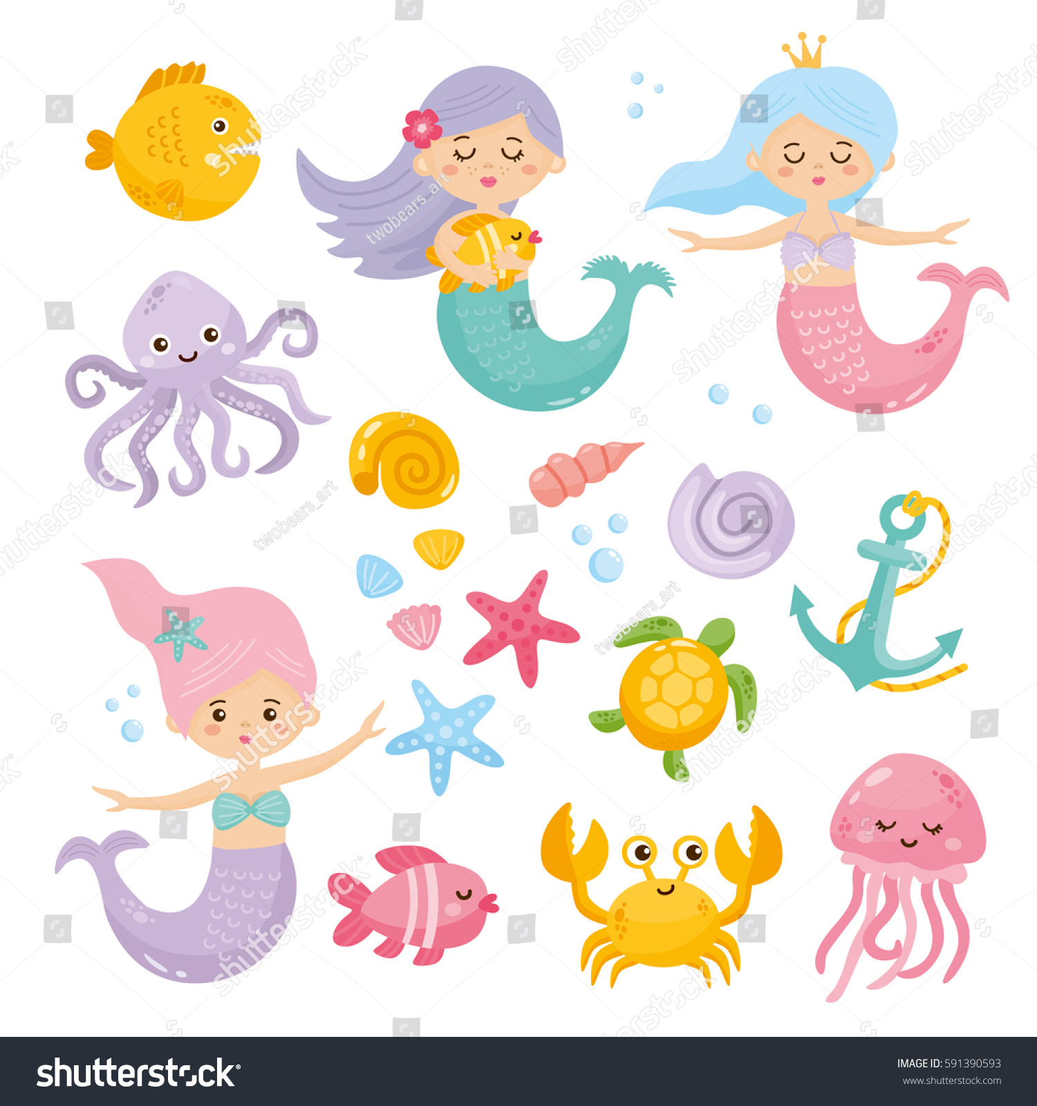 Set Cute Mermaids Aquatic Nature Cute Stock Vector (Royalty Free ...