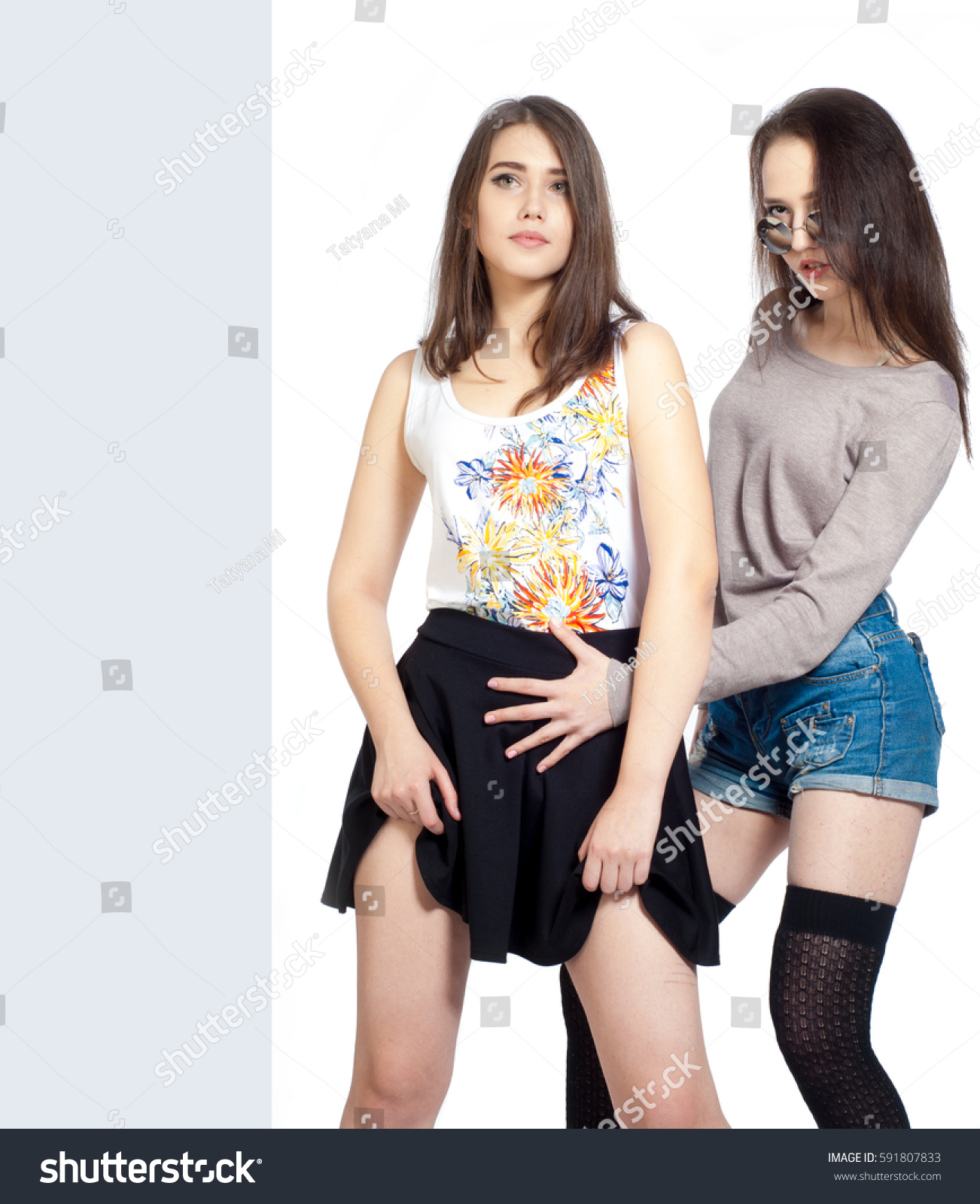 Portrait Two Girls One Girl Denim Stock Photo 591807833 | Shutterstock