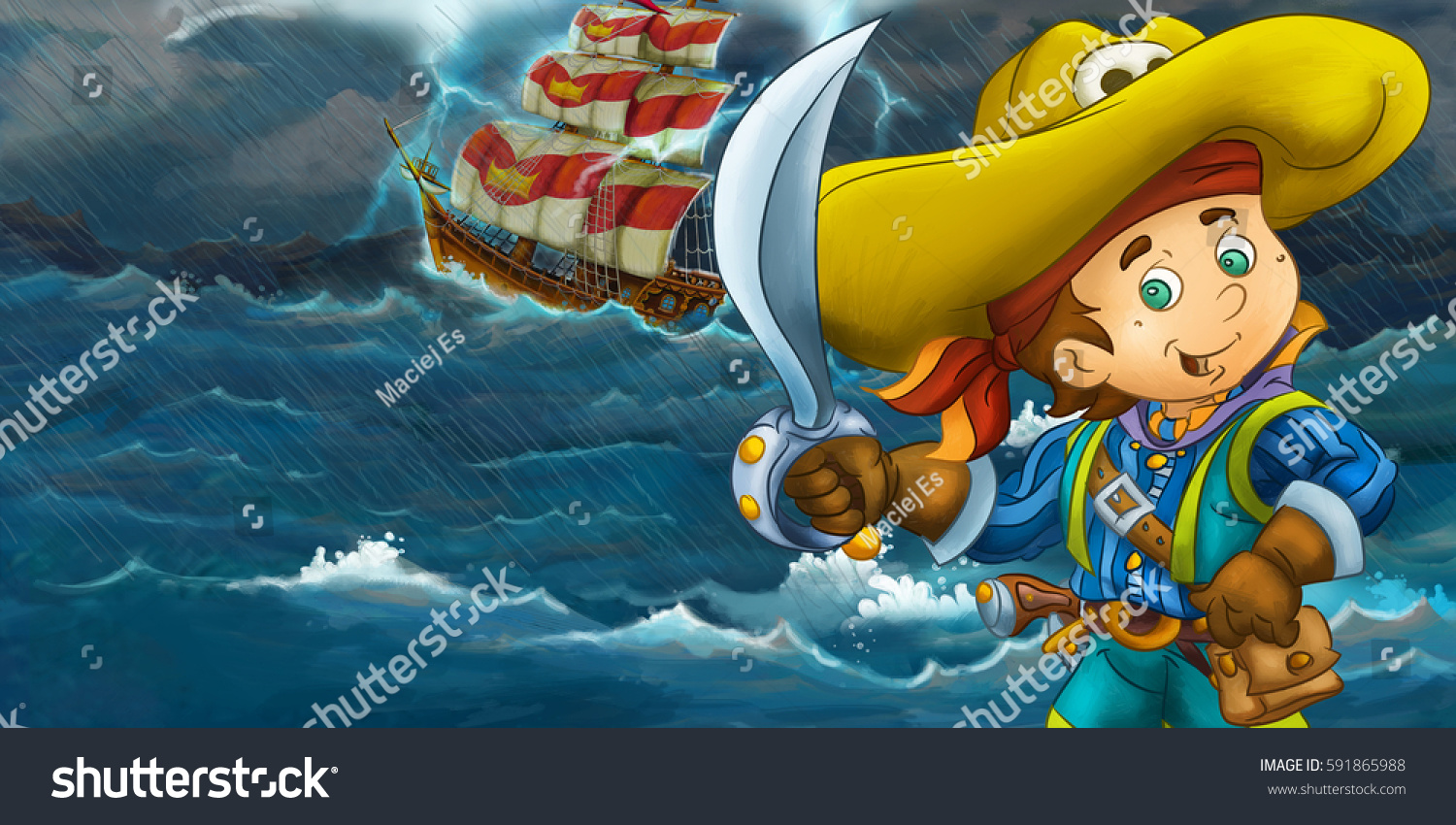 Cartoon Happy Pirate Front Wooden Ship Stock Illustration 591865988 Shutterstock 2325