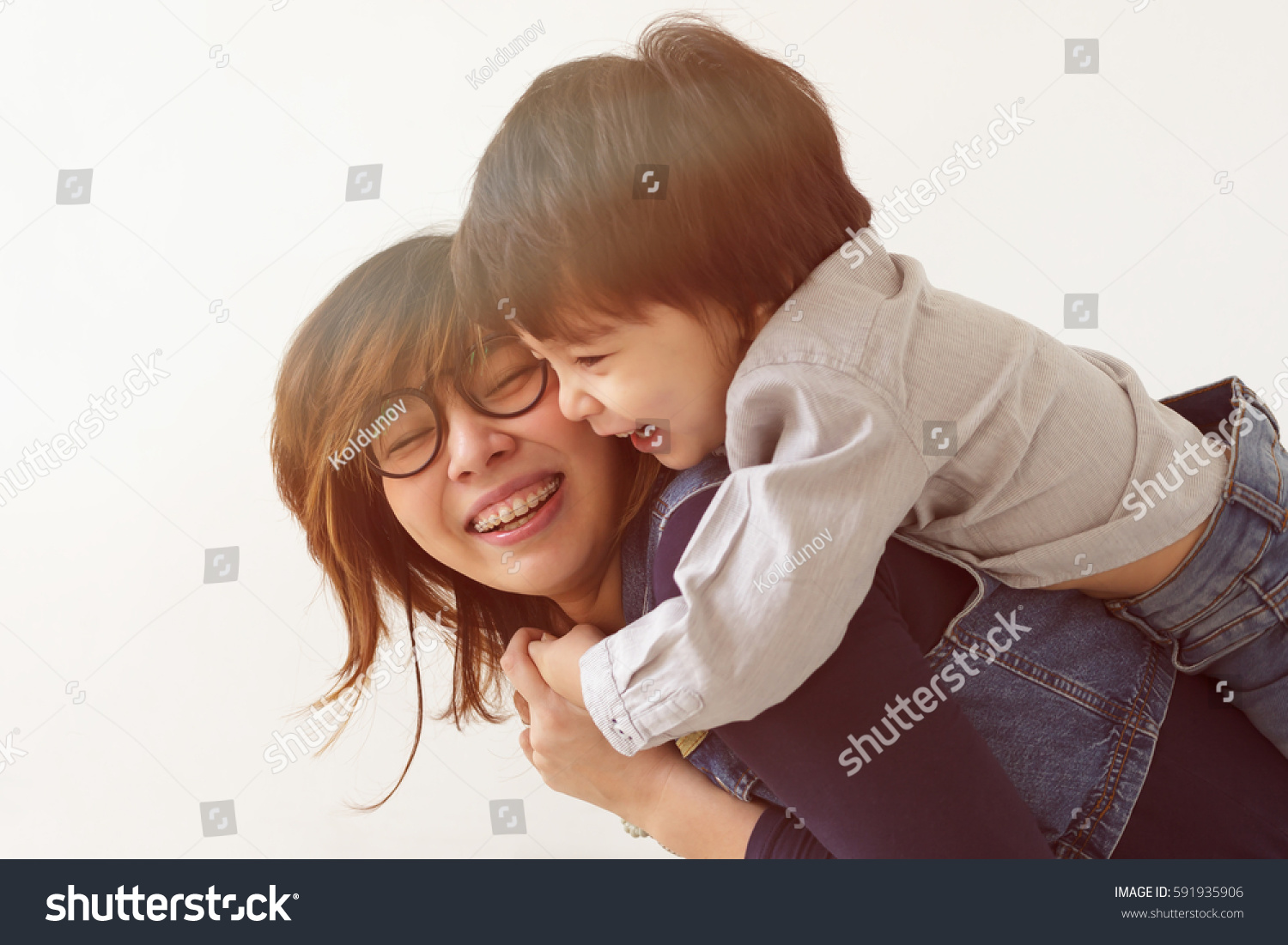 Japanese Mother Hugs Her Son They Stock