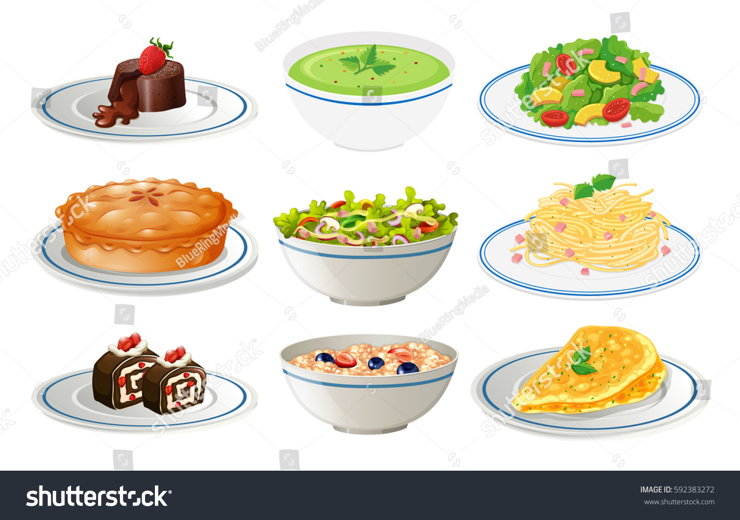 Different Kinds Food On White Plates Stock Vector (Royalty Free ...