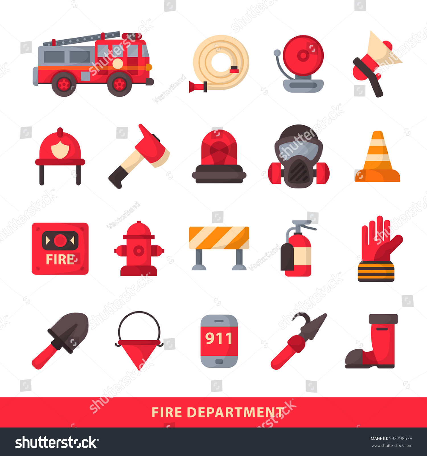 Set Designed Firefighter Elements Coloured Fire Stock Vector (Royalty ...