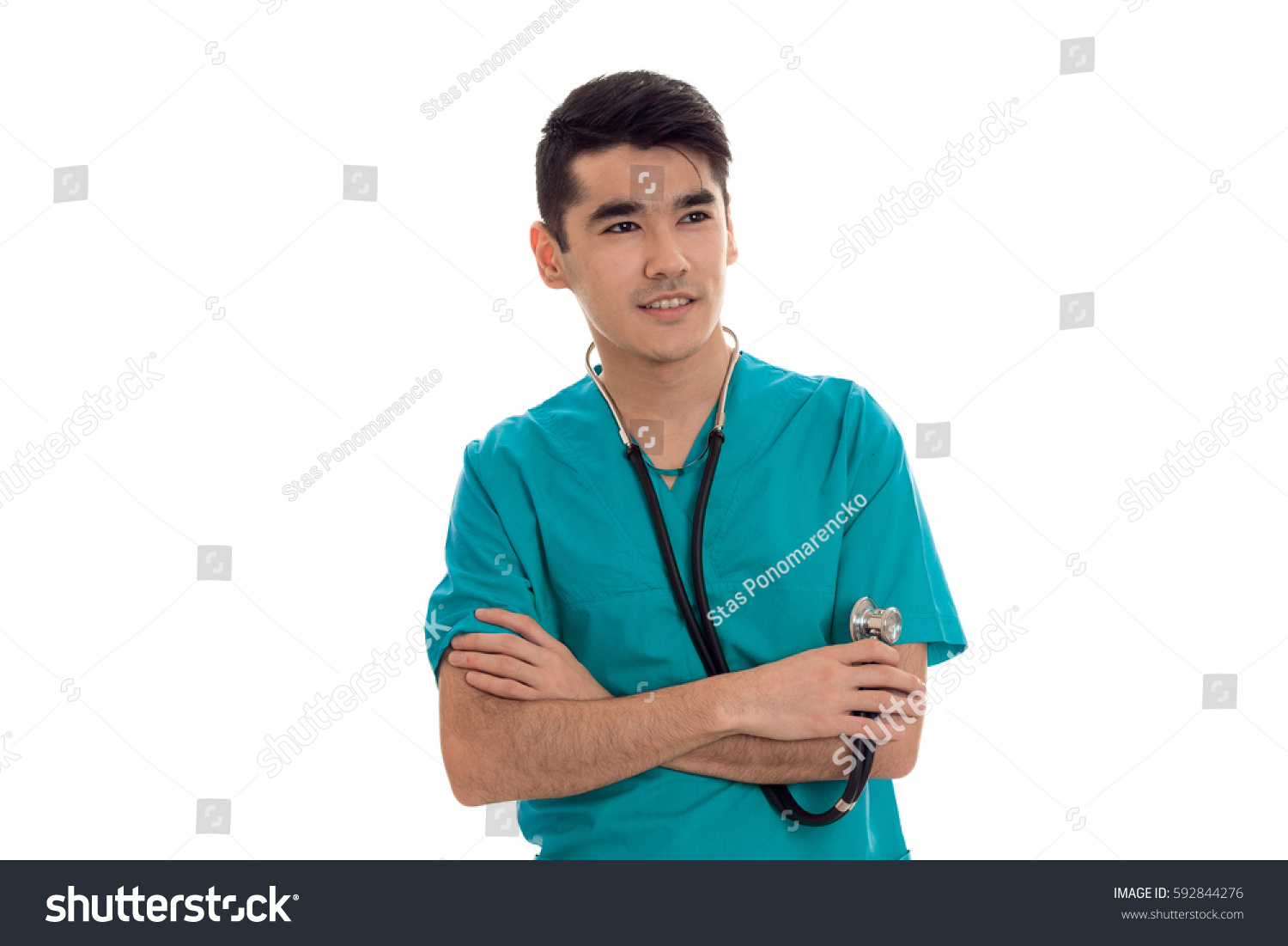 Young Doctor Blue Dress Stethoscope Folded Stock Photo 592844276 ...