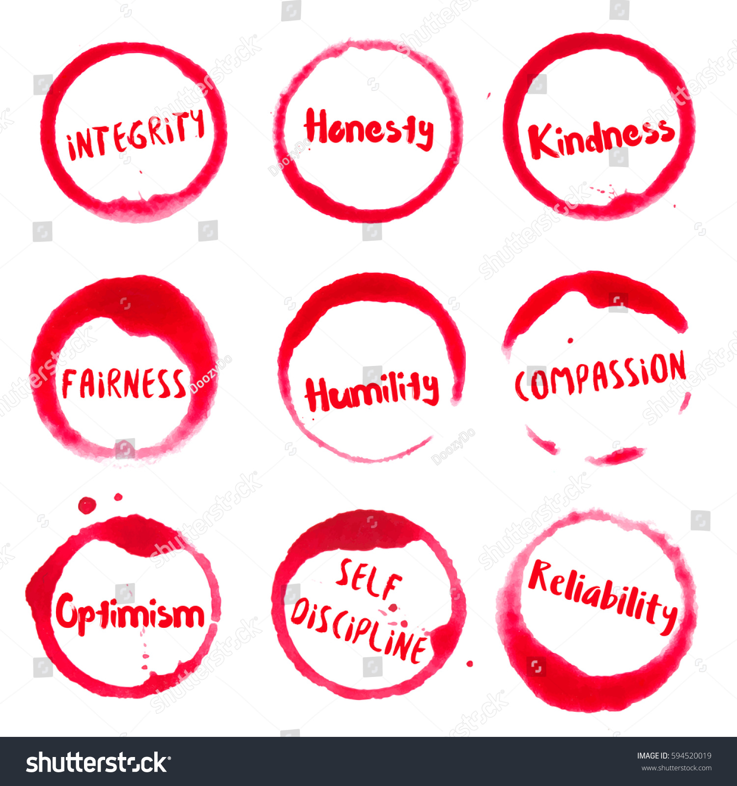 positive-character-traits-collection-round-watercolor-stock-vector