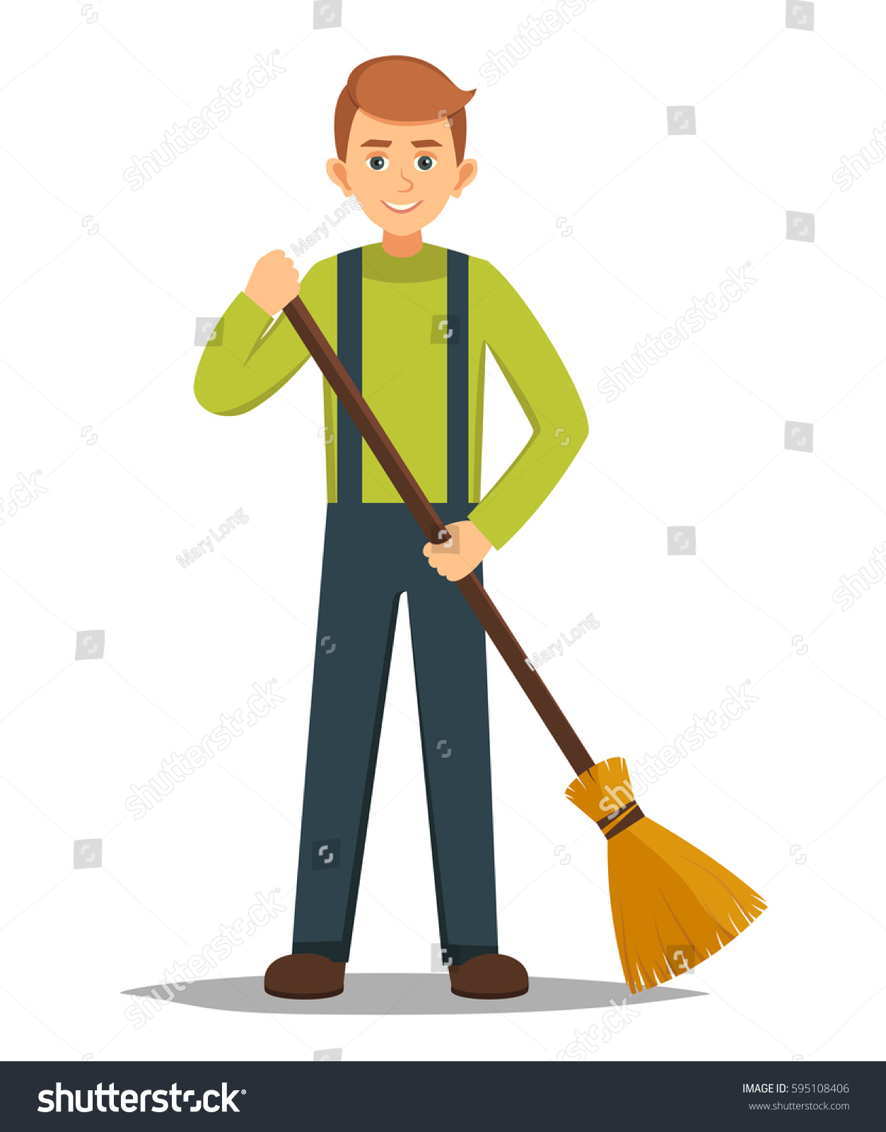 Boy Stands Broom Right Hand Vector Stock Vector (Royalty Free ...