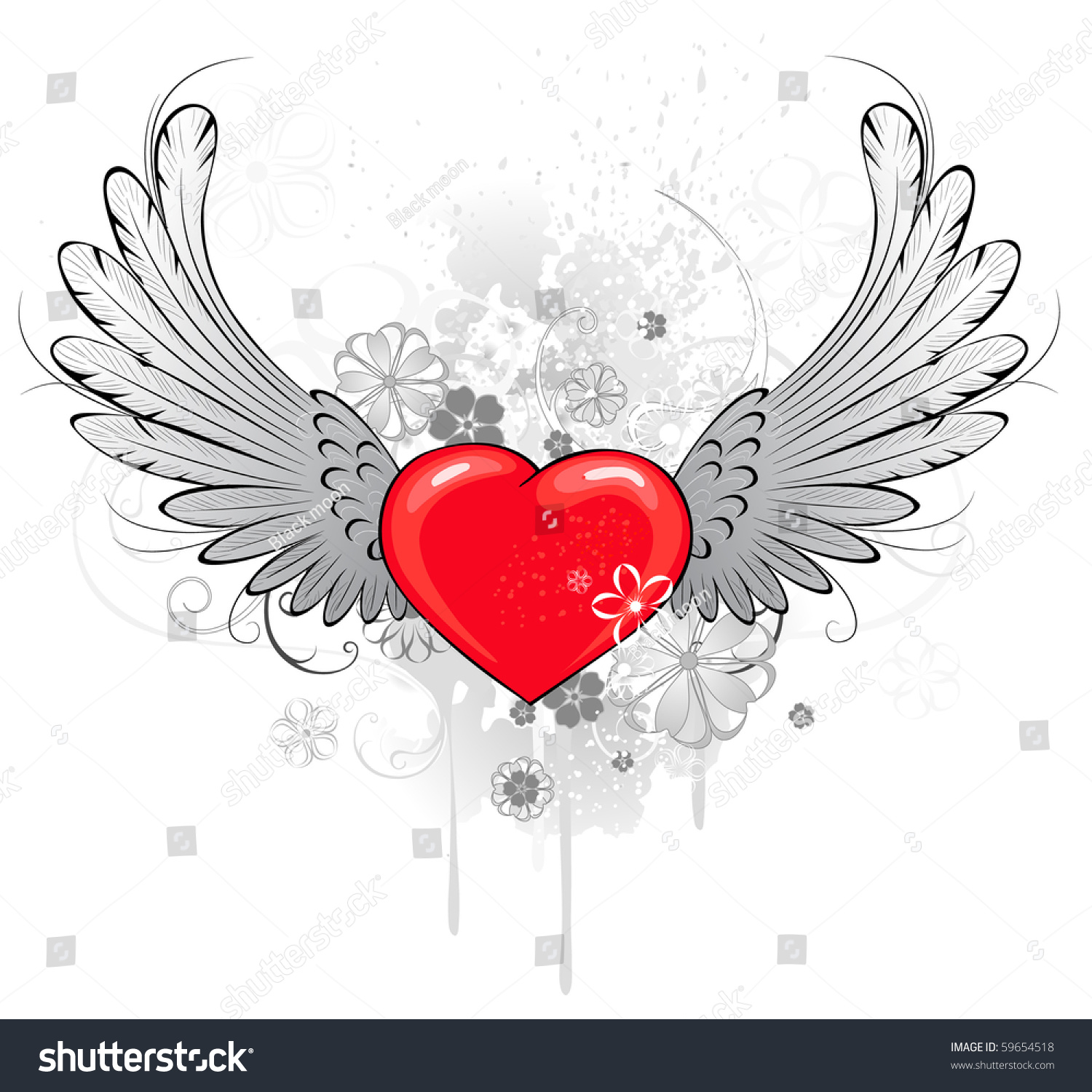 Red Heart Gray Wings Decorated Stylized Stock Vector (Royalty Free ...