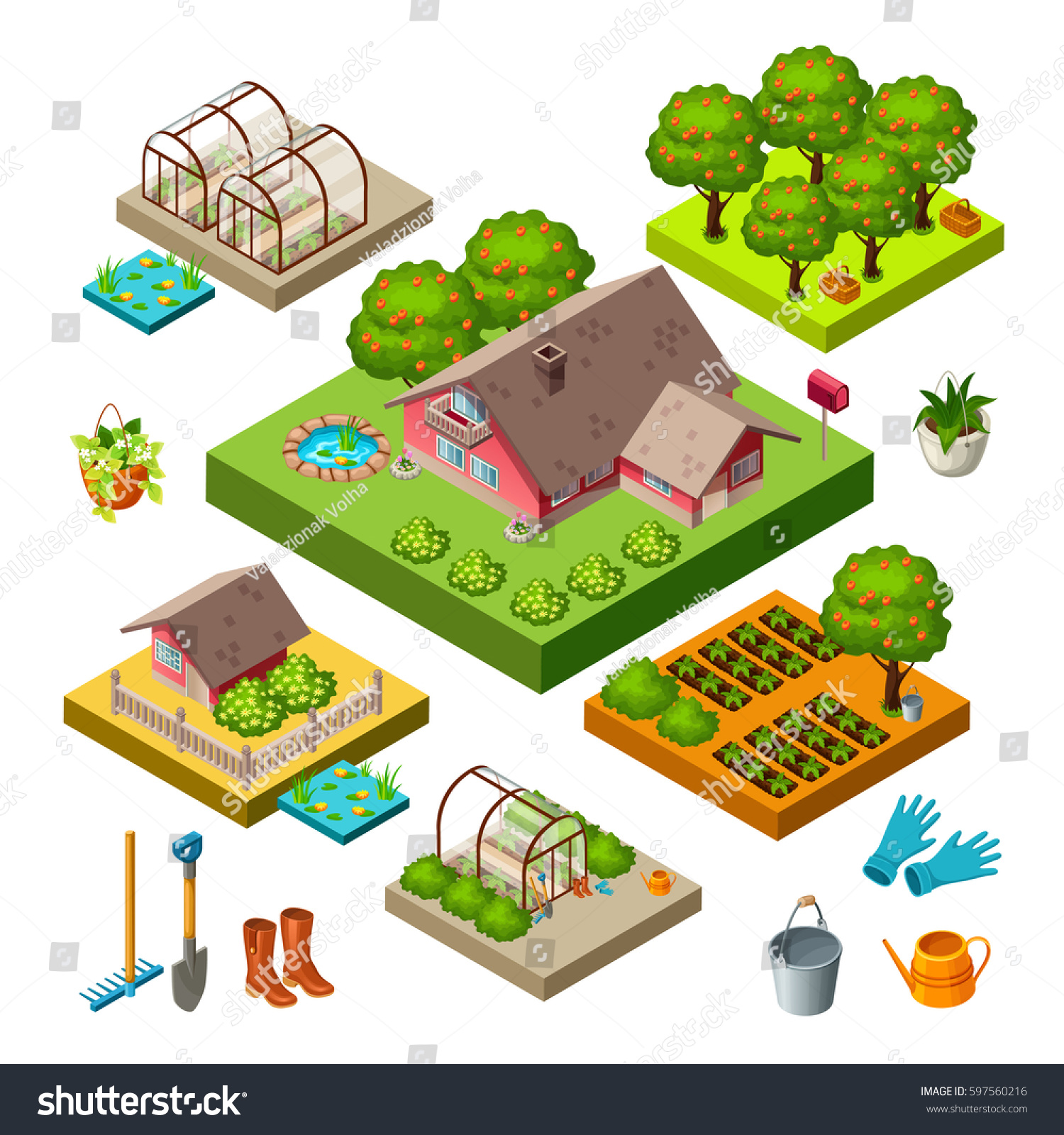 3d Isometric House Garden Elements Such Stock Vector (Royalty Free ...