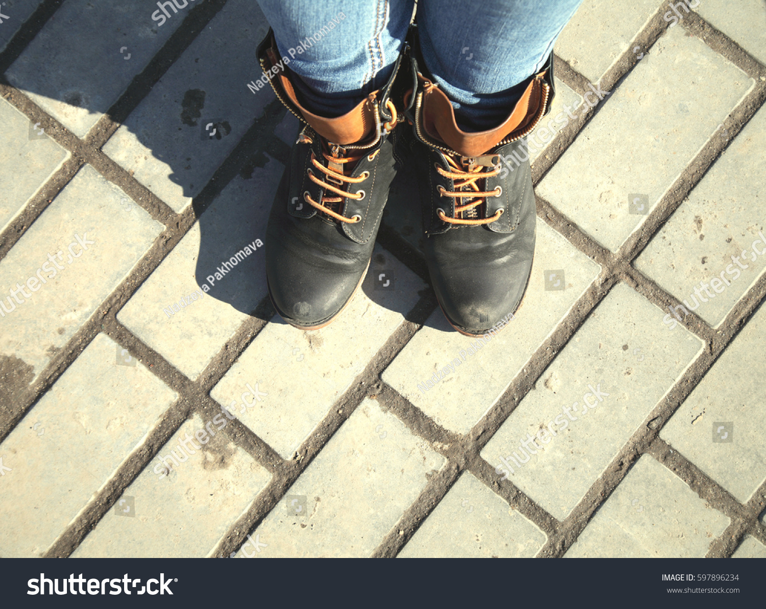 Shoes On Sidewalk Top View Legs Stock Photo 597896234 | Shutterstock