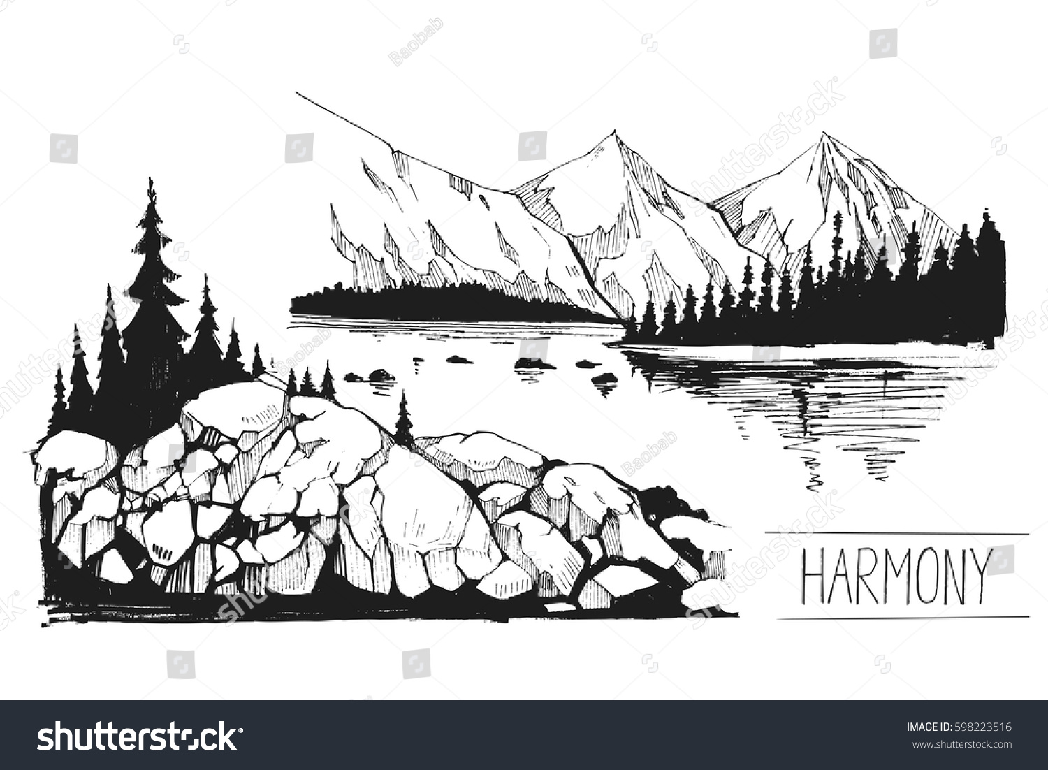 Boat Lake Pier Mountains Hand Drawn Stock Vector (Royalty Free ...