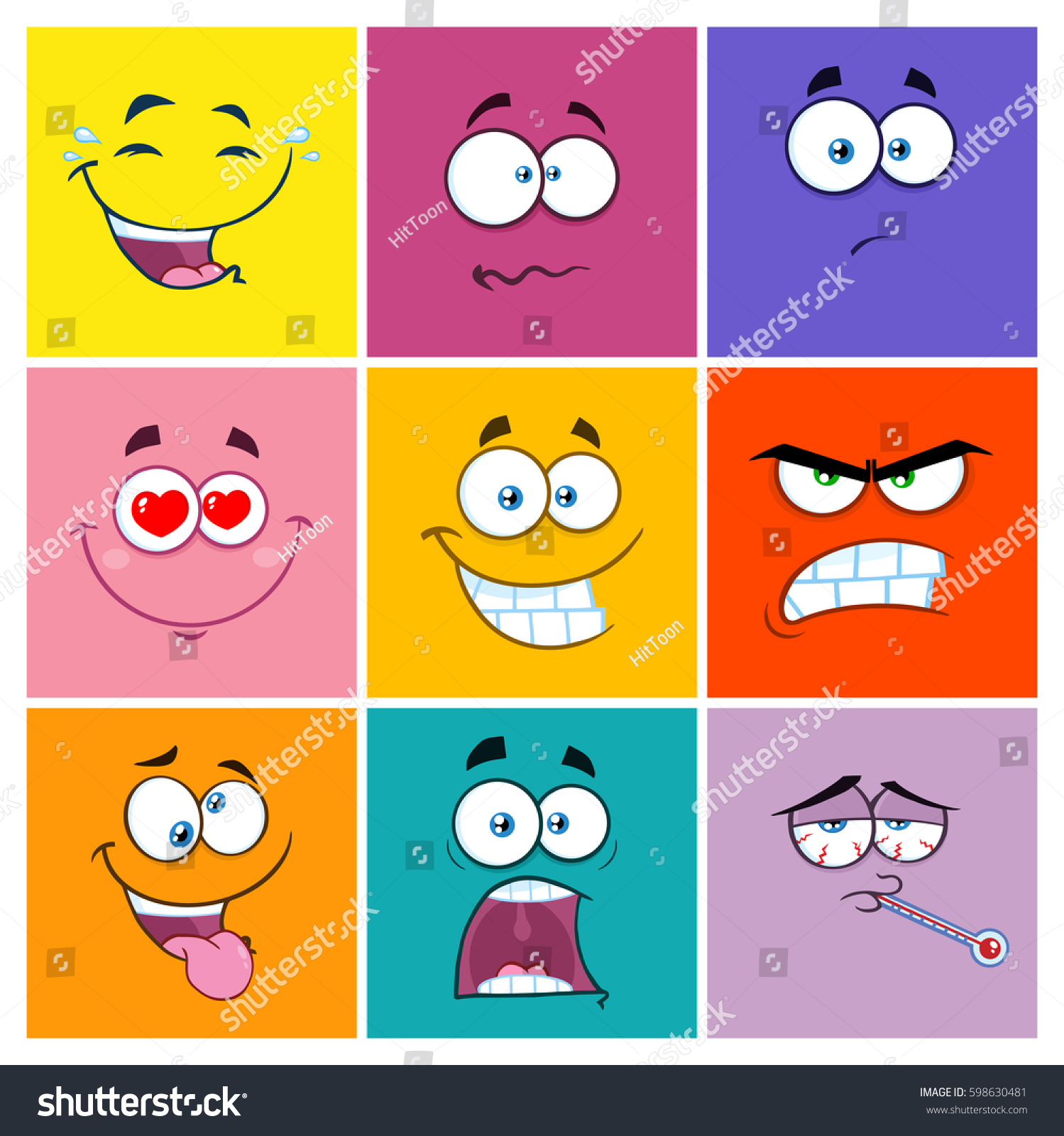 Square Cartoon Emoticons Different Color Expression Stock Vector ...