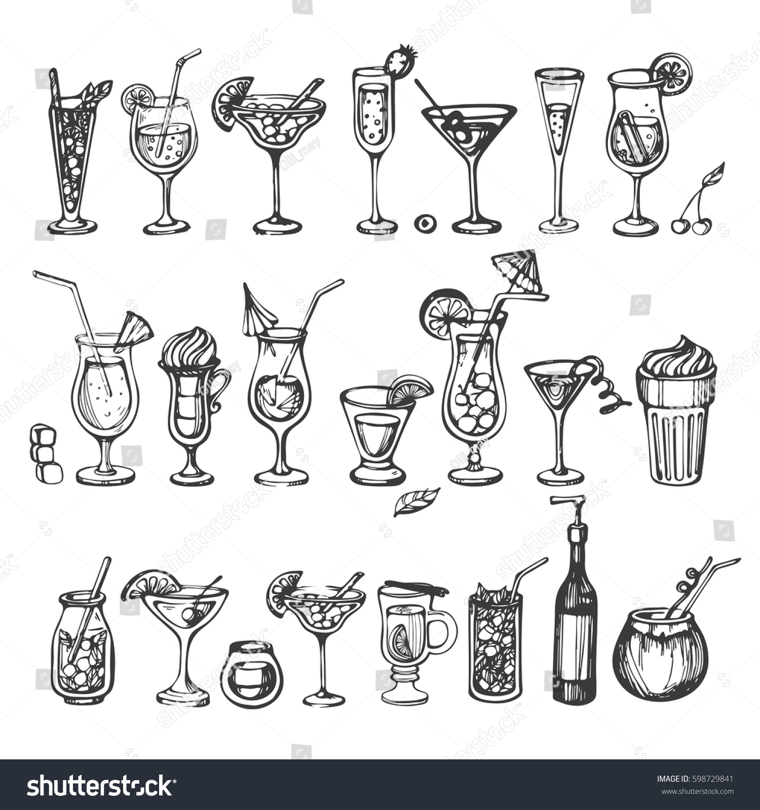 Vector Set Sketch Coctails Stock Vector (Royalty Free) 598729841 ...