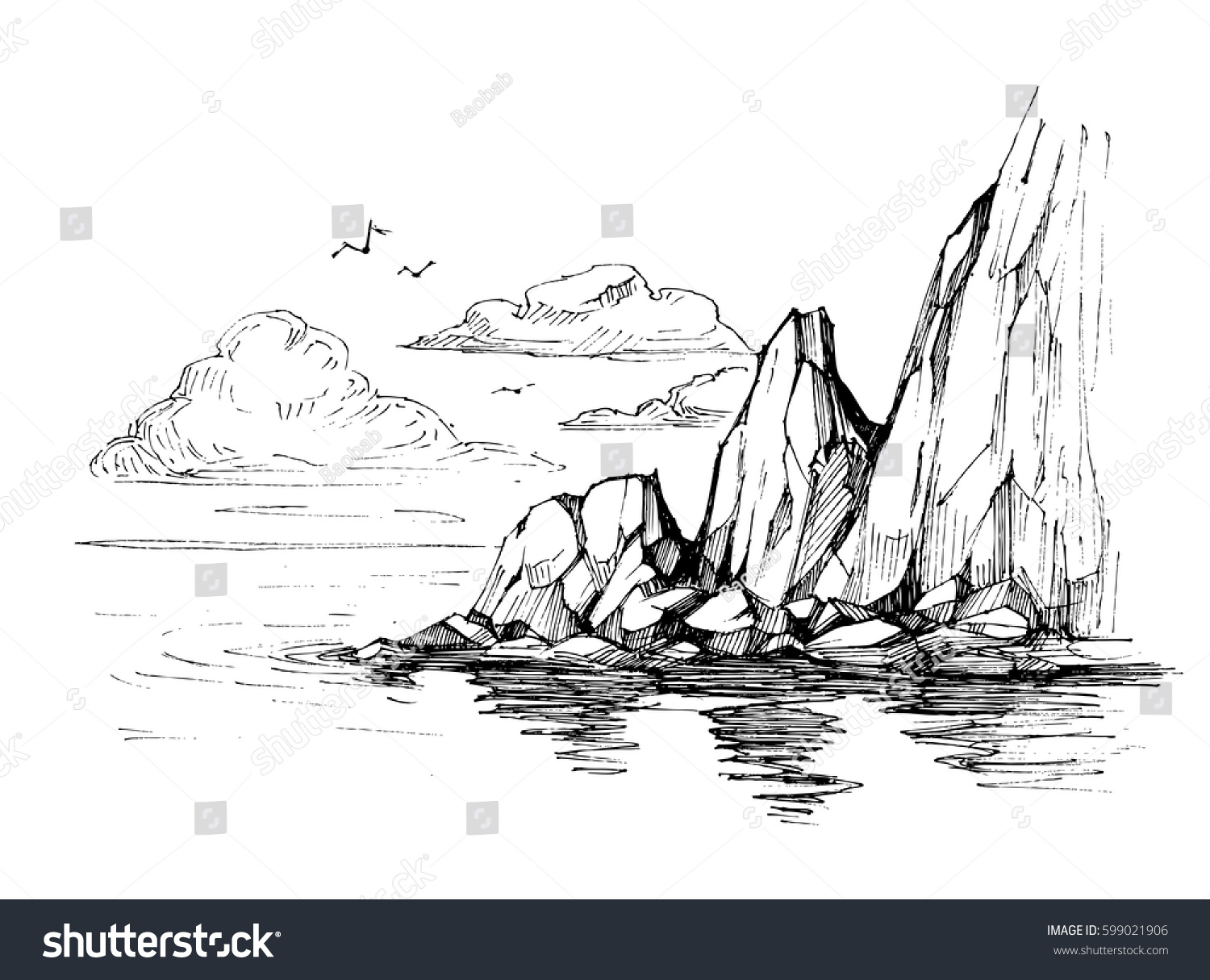 Скалы и море карандашом