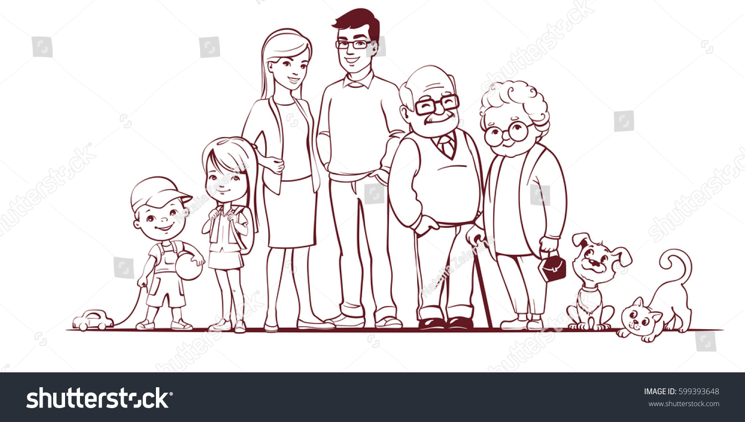 Раскраска семья с малышом бабушкой и дедушкой