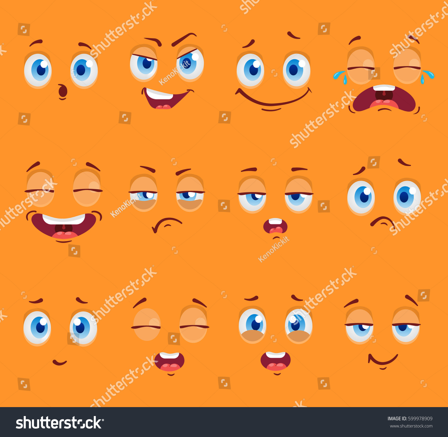 Flat Funny Cartoon Faces Emotions Vector Stock Vector (Royalty Free ...