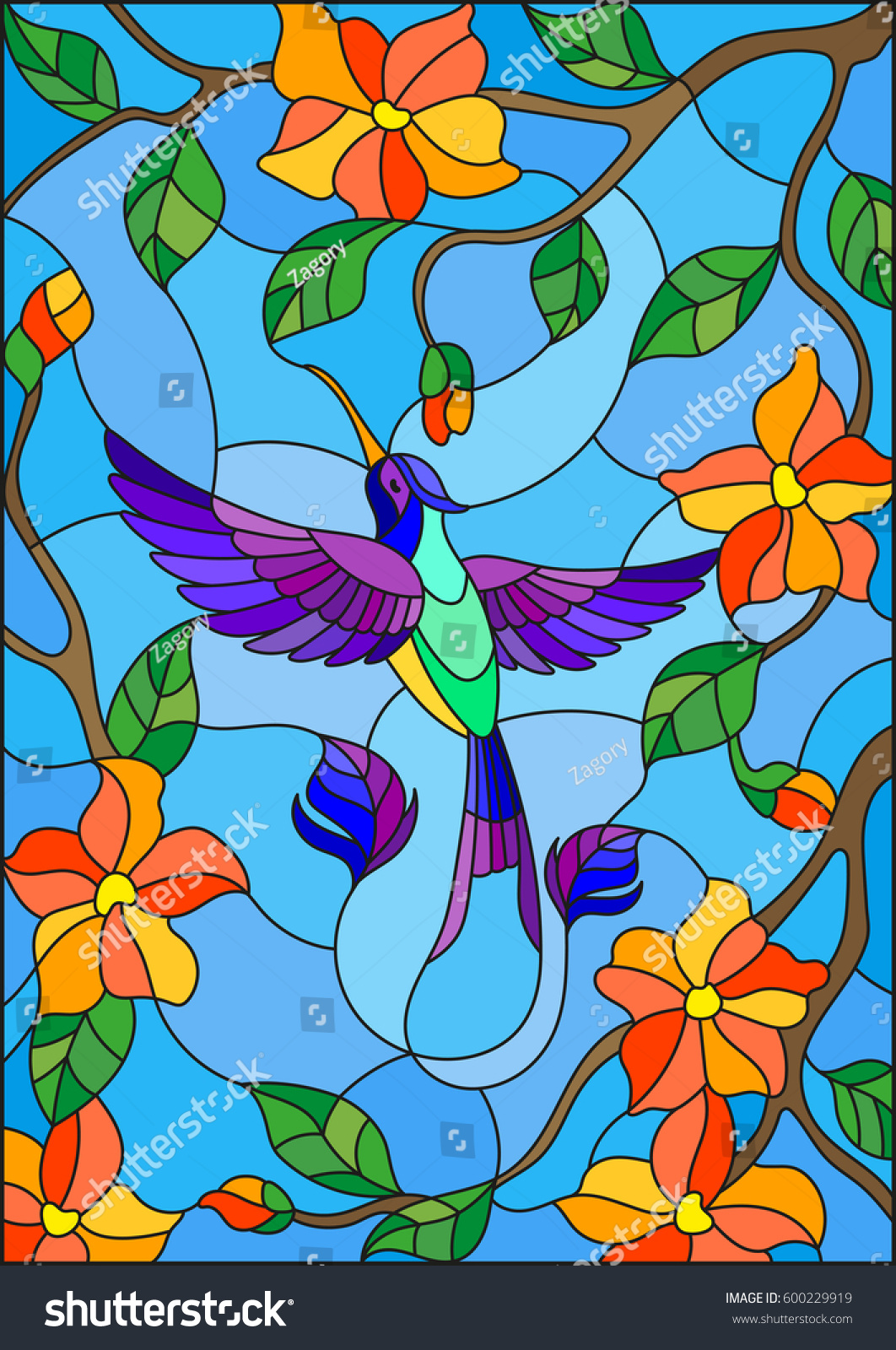 Illustration Stained Glass Style Colorful Hummingbird Stock Vector