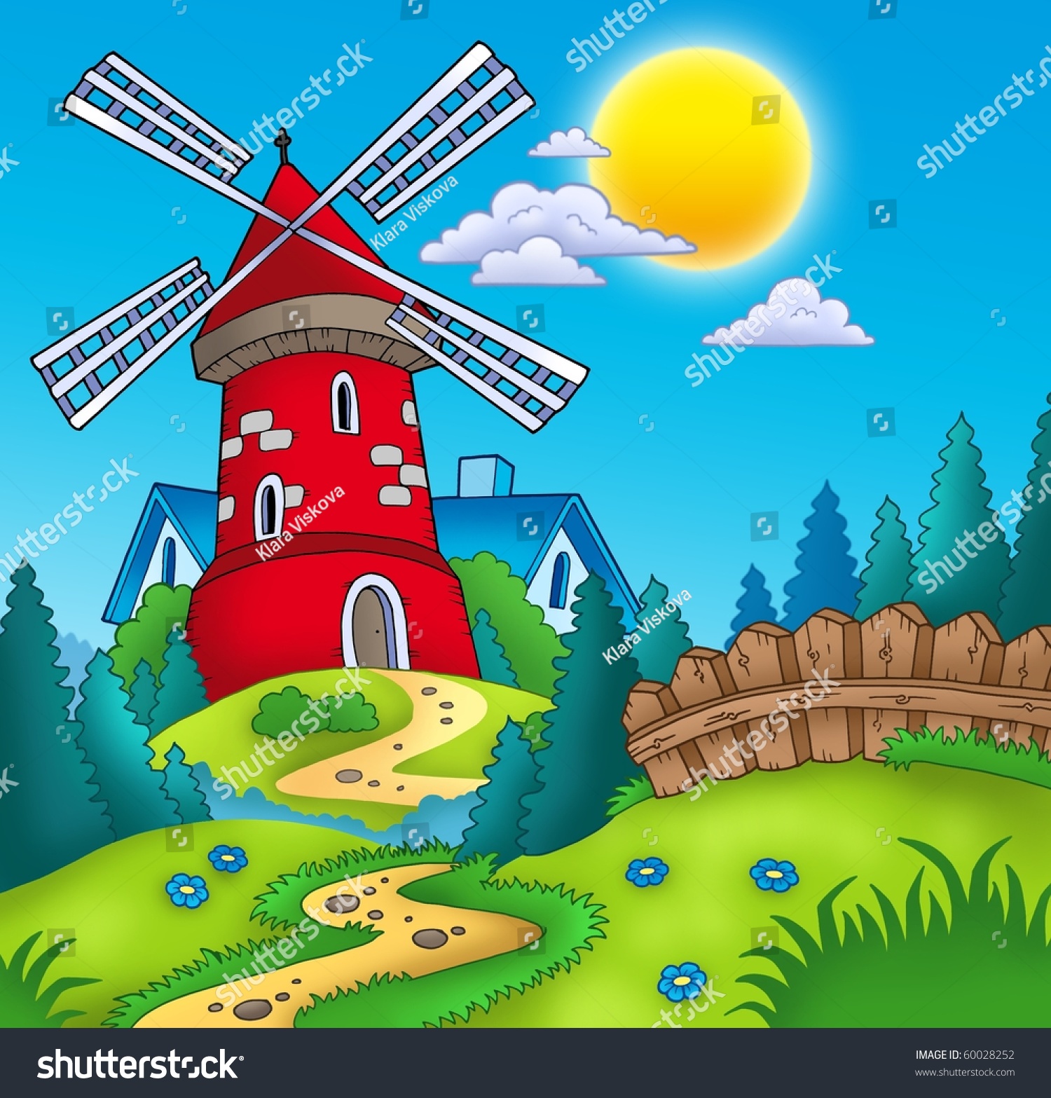 Country Landscape Red Mill Color Illustration Stock Illustration ...