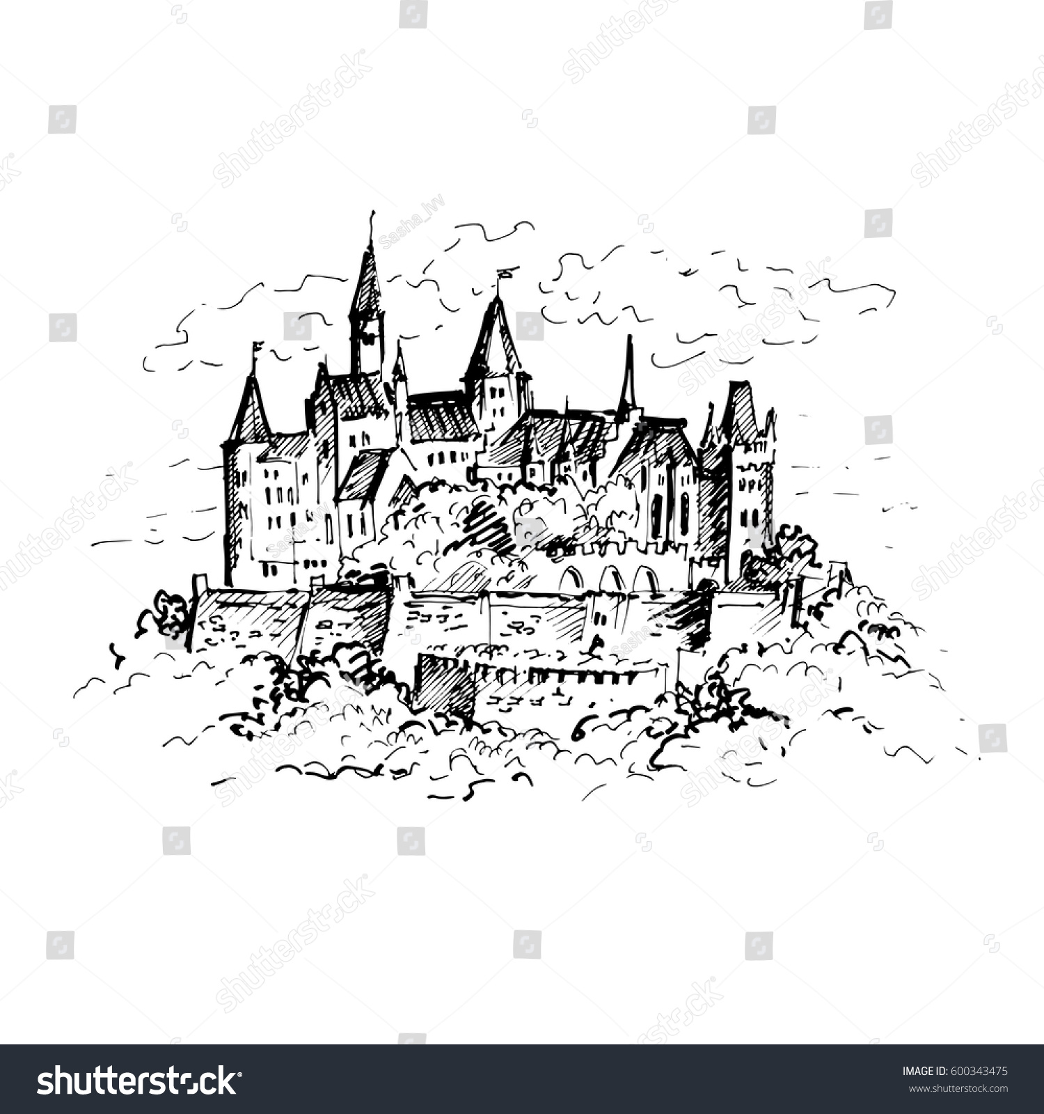 Hand Drawn Famous Old Castle Germany Stock Vector (Royalty Free ...