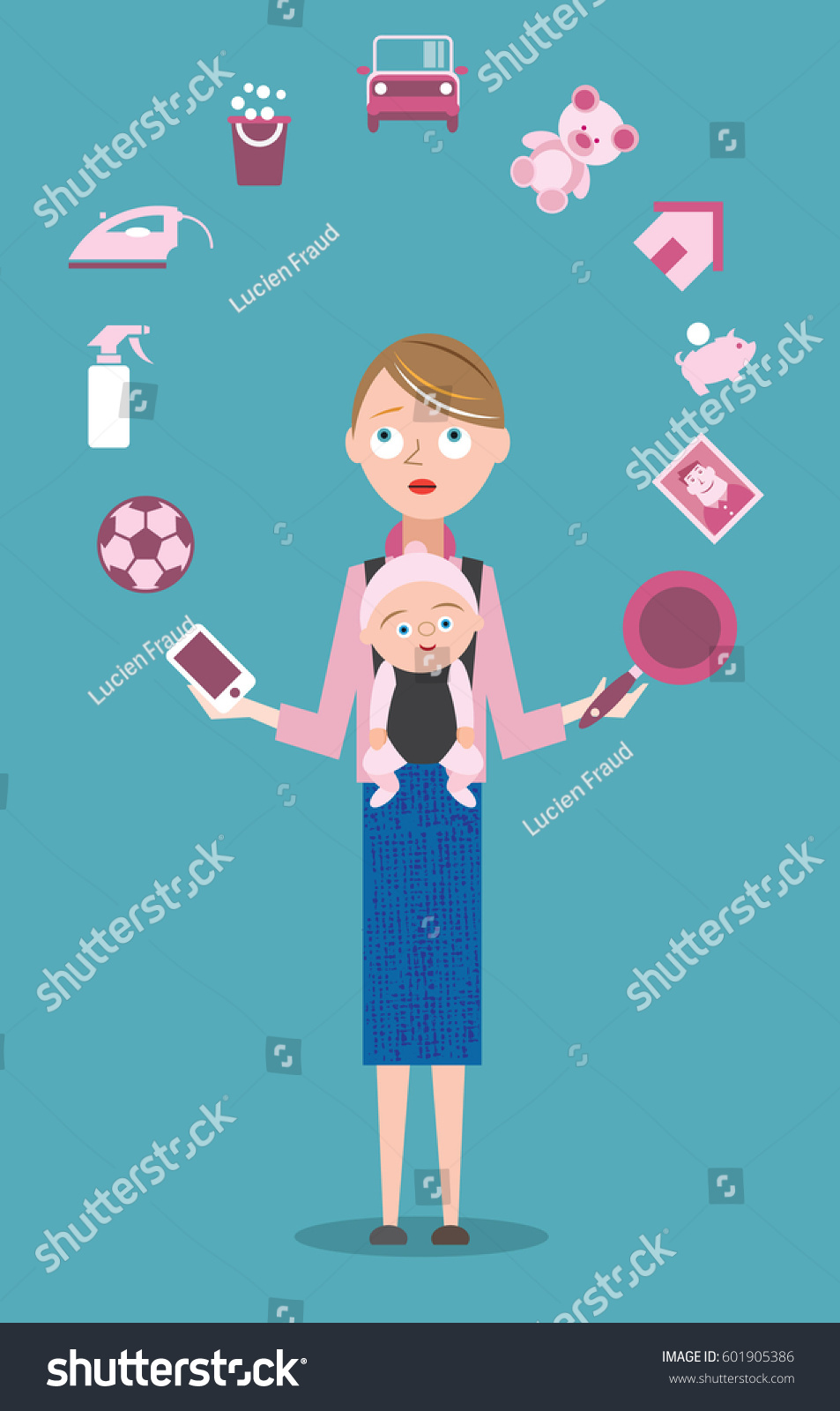 Busy Mother Juggling Many Tasks Stock Vector Royalty Free 601905386