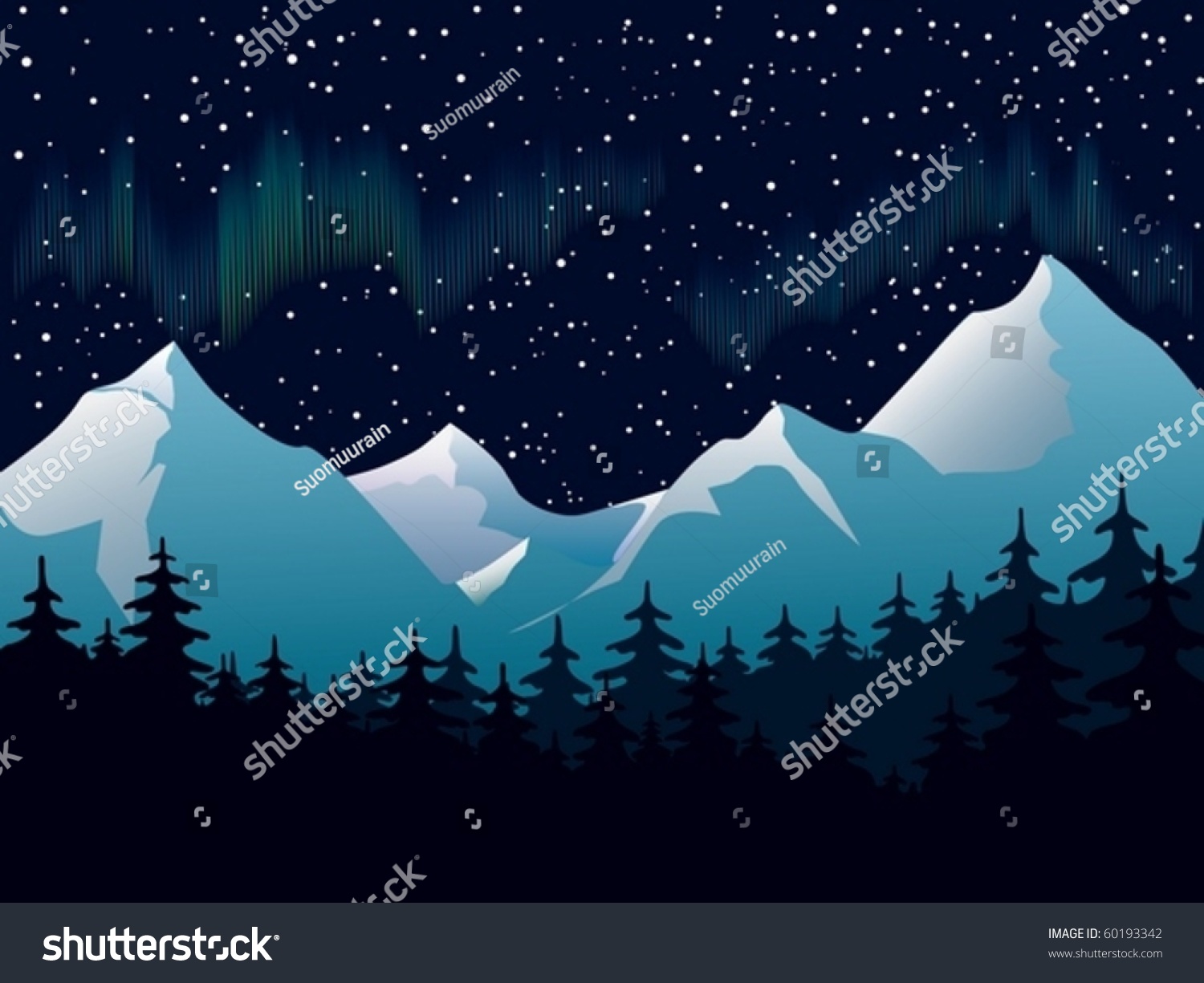 Illustration Mountain Landscape Northern Lights Forest Stok Vektör (Telifsi...