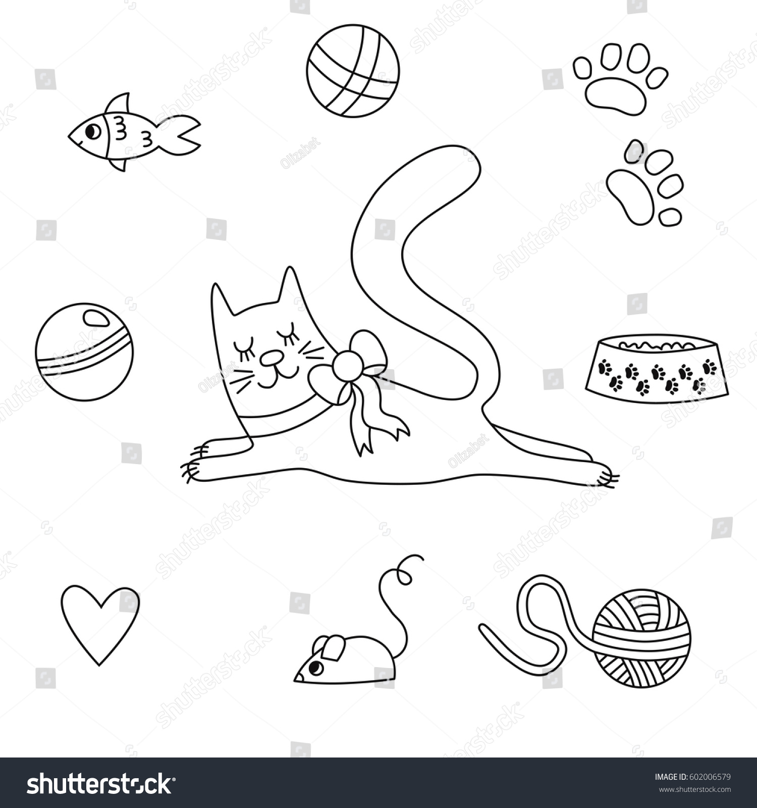 Cute Doodle Cat His Toys Drawing Stock Vector (Royalty Free) 602006579