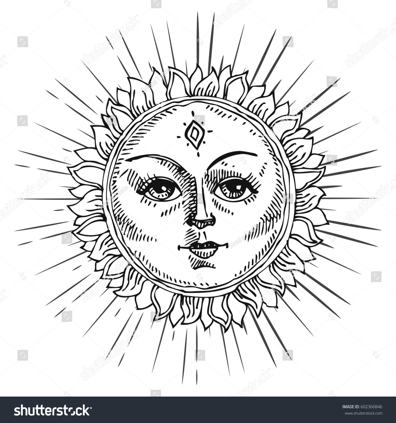 Hand Drawn Sun Face Starburst Stylized Stock Vector (Royalty Free ...