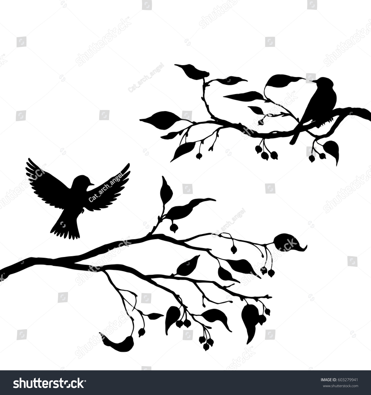 Vector Silhouettes Birds Tree Hand Drawn Stock Vector (Royalty Free ...