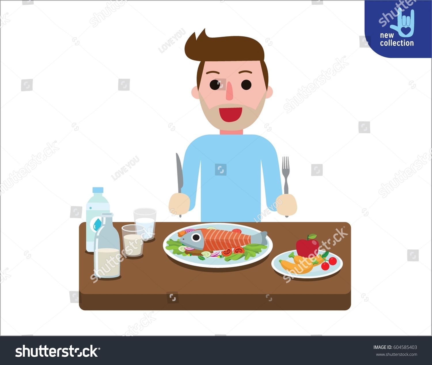 He lunch now. Рисунок человек кушает за столом здоровую пищу. Cartoon healthy eat man. Картинки человечки ужин.