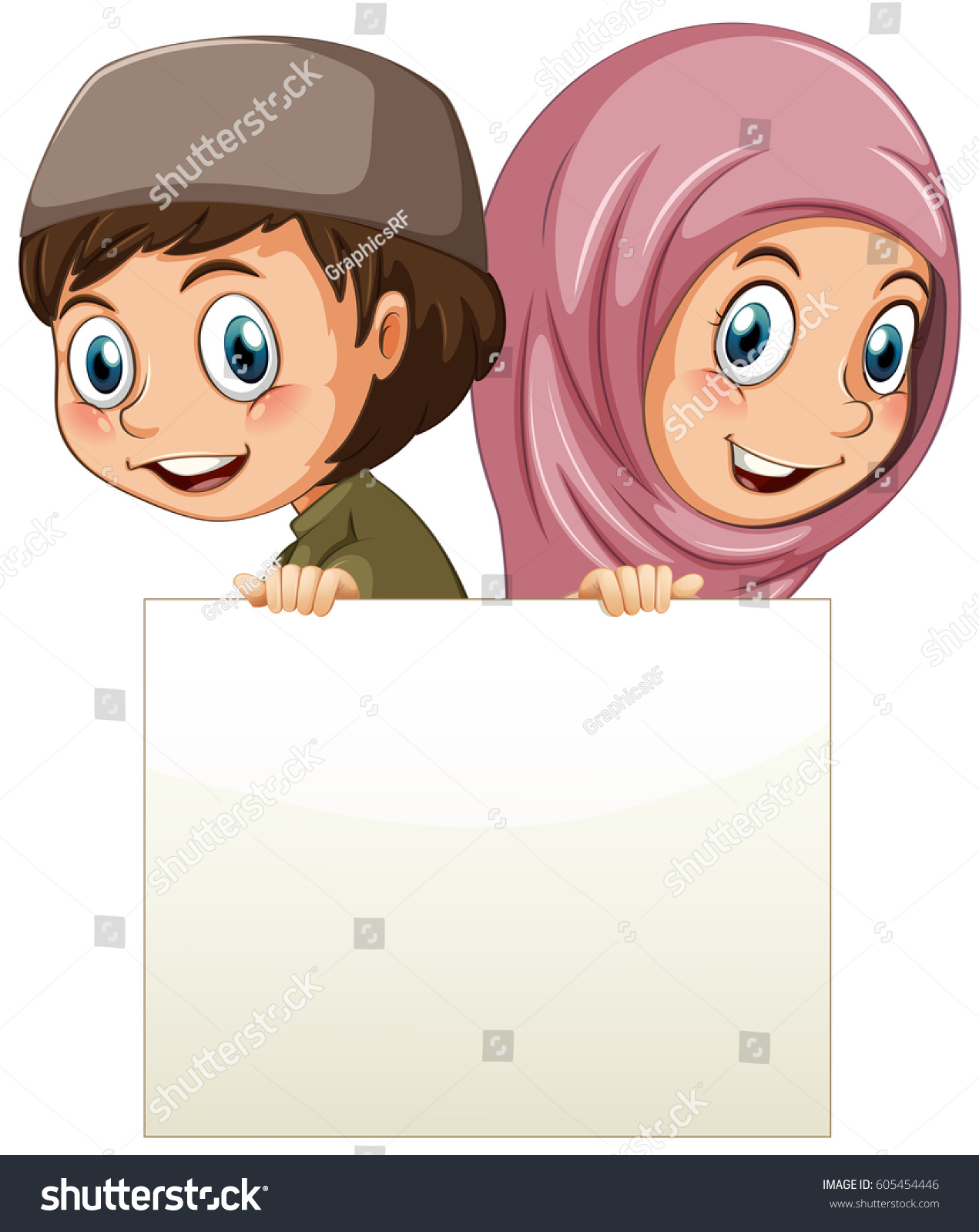 Muslim Girl Boy Holding Blank Paper Stock Vector (Royalty Free ...