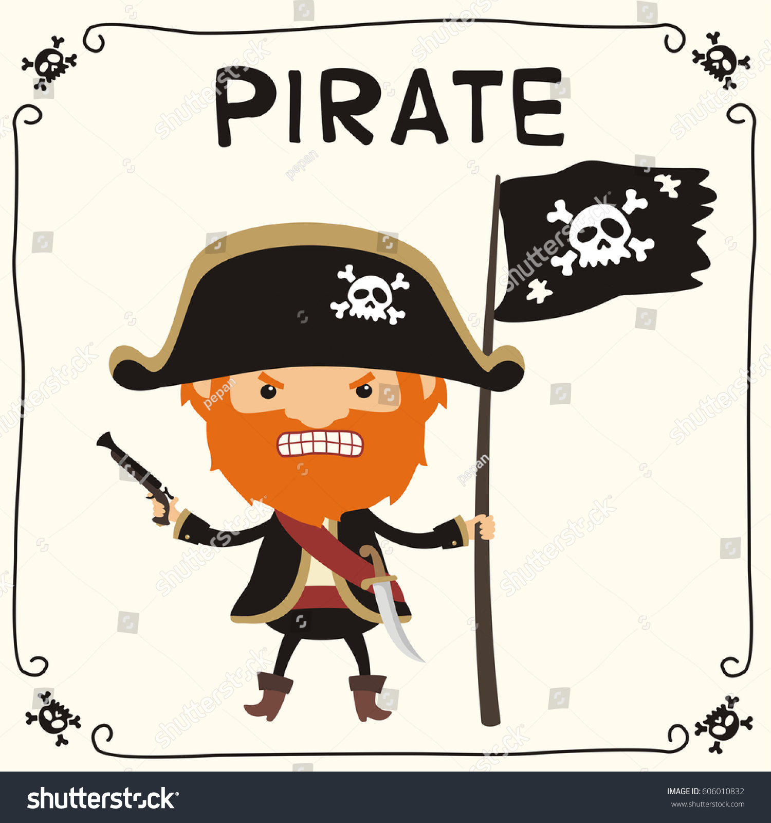Angry Pirate Pistol Flag Cartoon Style Stock Vector (Royalty Free) 60601083...