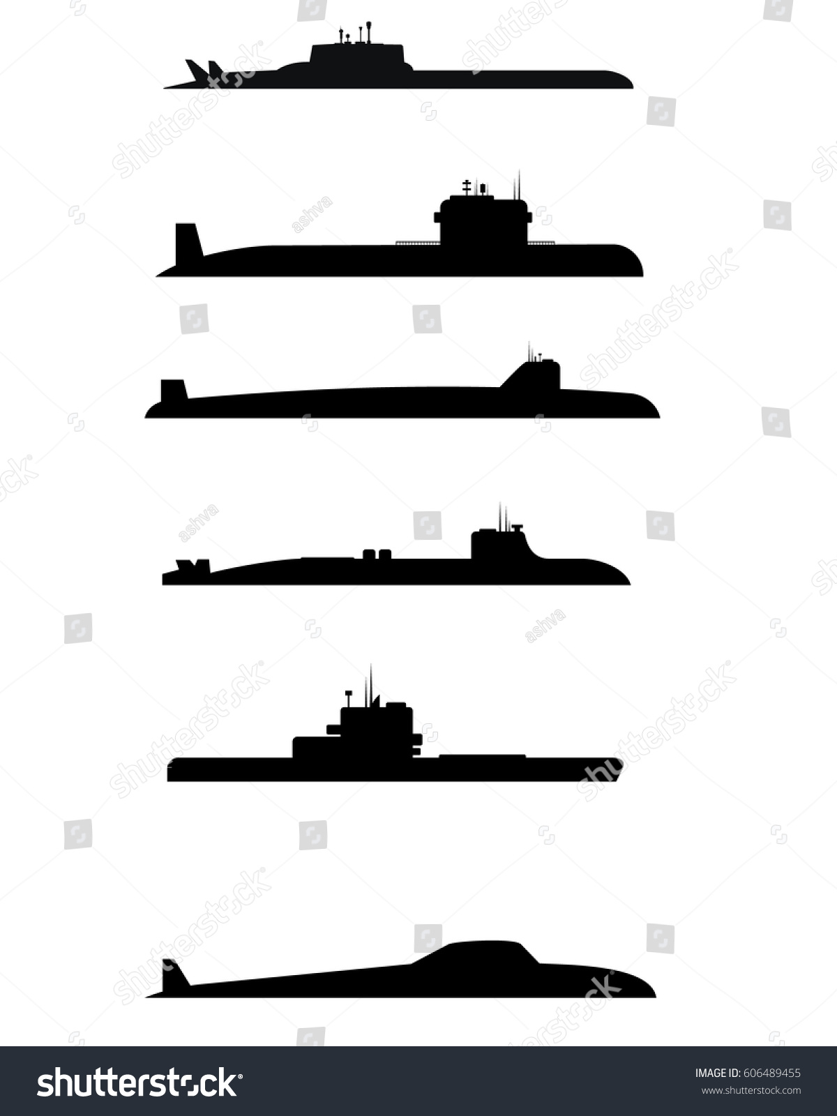 Vector Illustration Six Submarine Silhouettes Stock Vector (Royalty ...