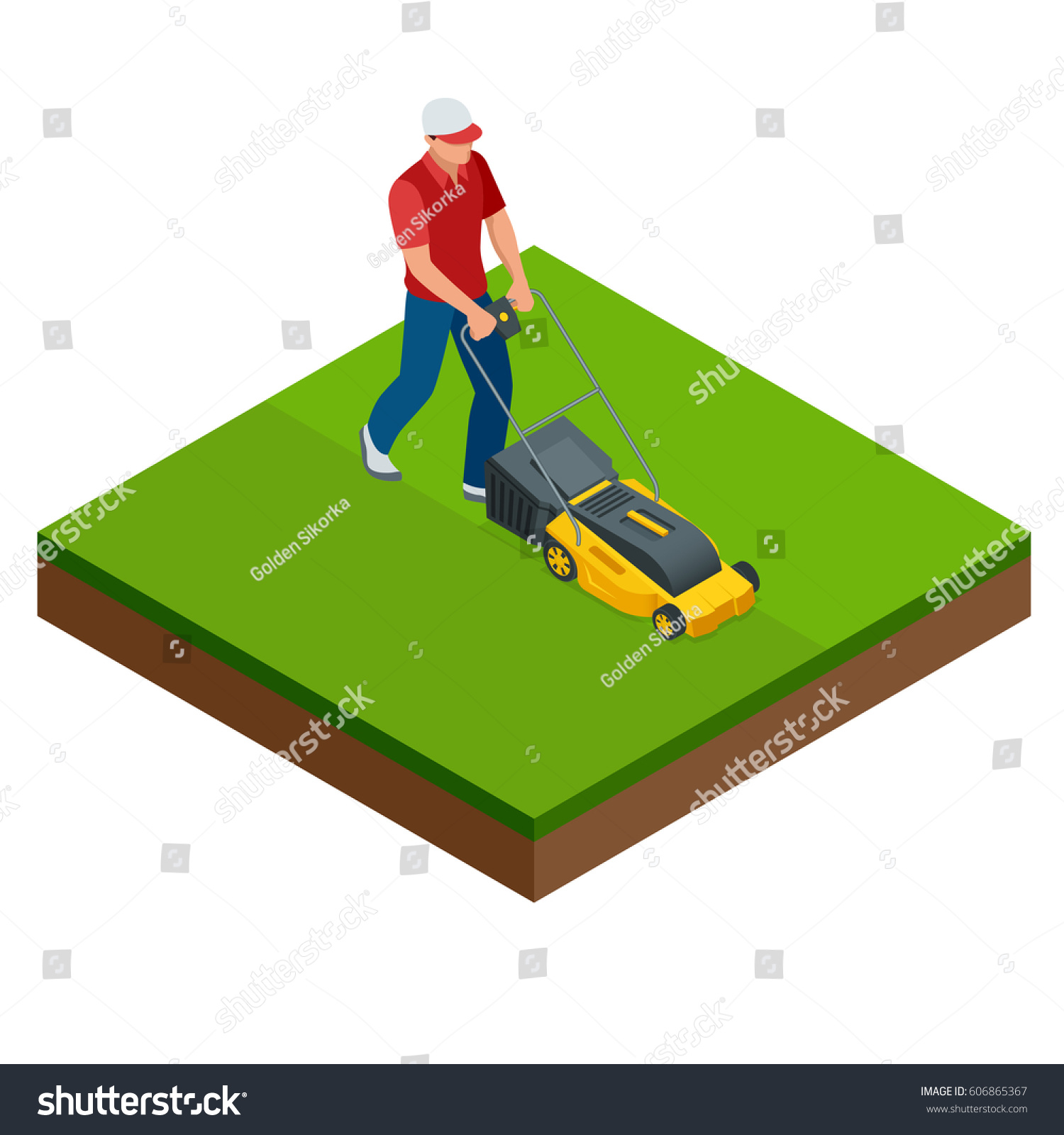 Man Mowing Lawn Yellow Lawn Mower Stock Vector Royalty Free 606865367 Shutterstock 5709