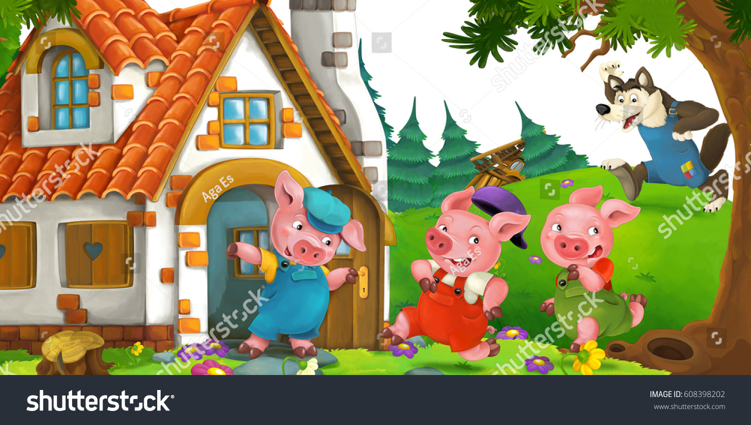 Cartoon Scene Pigs Escaping Wolf Cottage Stock Illustration 608398202 ...