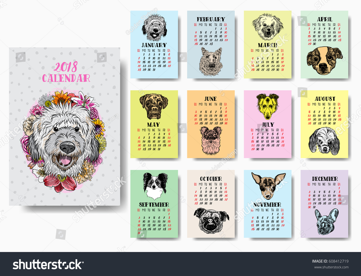 Funny Happy Dogs Calendar 2018 Design Stock Vector (Royalty Free ...