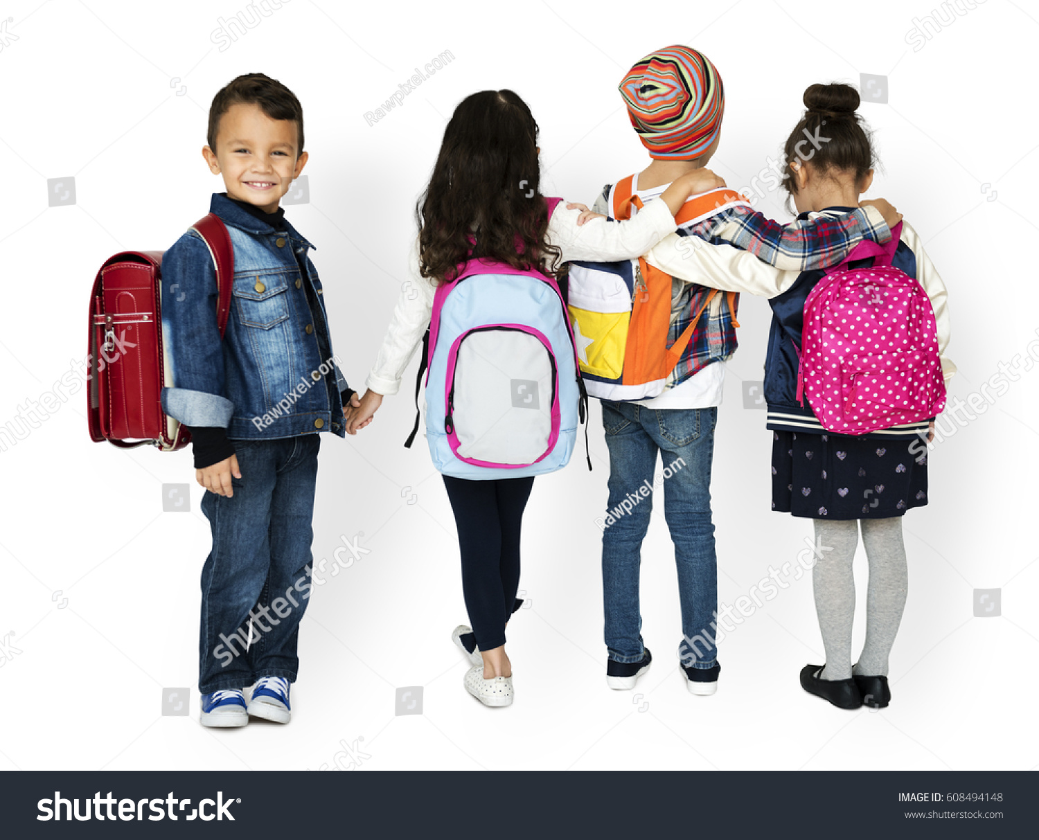 Rear View Group Diverse Kids Wearing Stock Photo 608494148 | Shutterstock