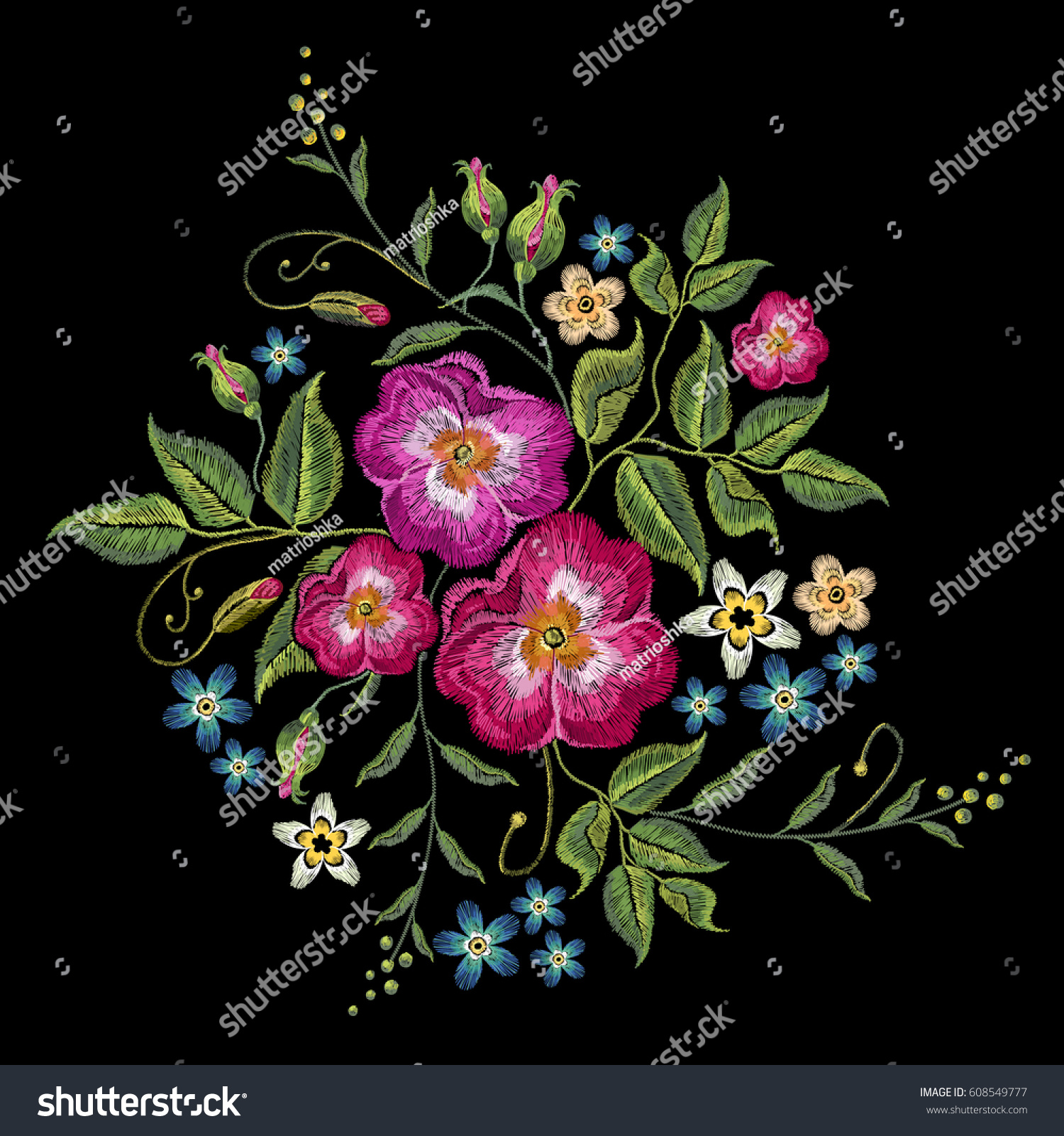 Embroidery Wild Roses Dogrose Flowers Classic Stock Vector (Royalty ...