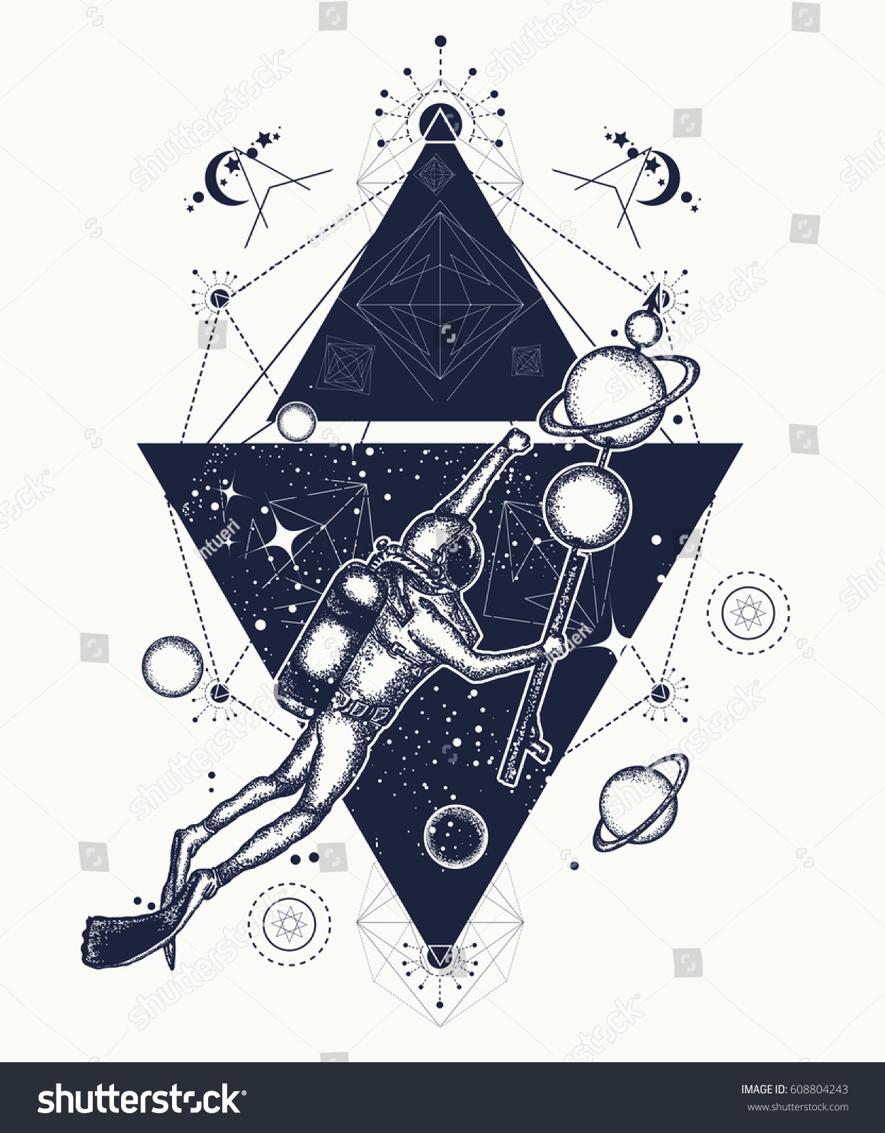Diver Floats Space Tattoo Art Astronaut Stock Vector (Royalty Free) 6088042...